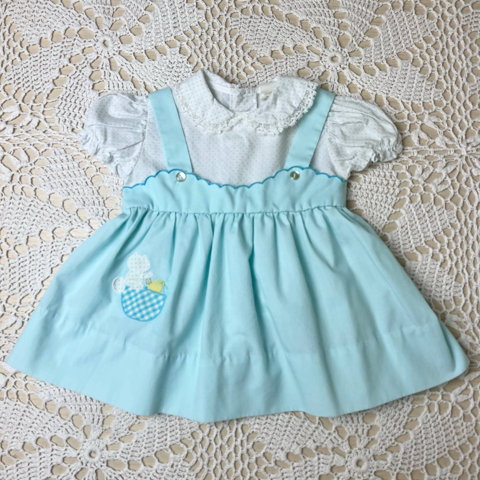 Vintage 1970s Baby Girl 6 Months Blue Kitsch Squirrel Collared Dress