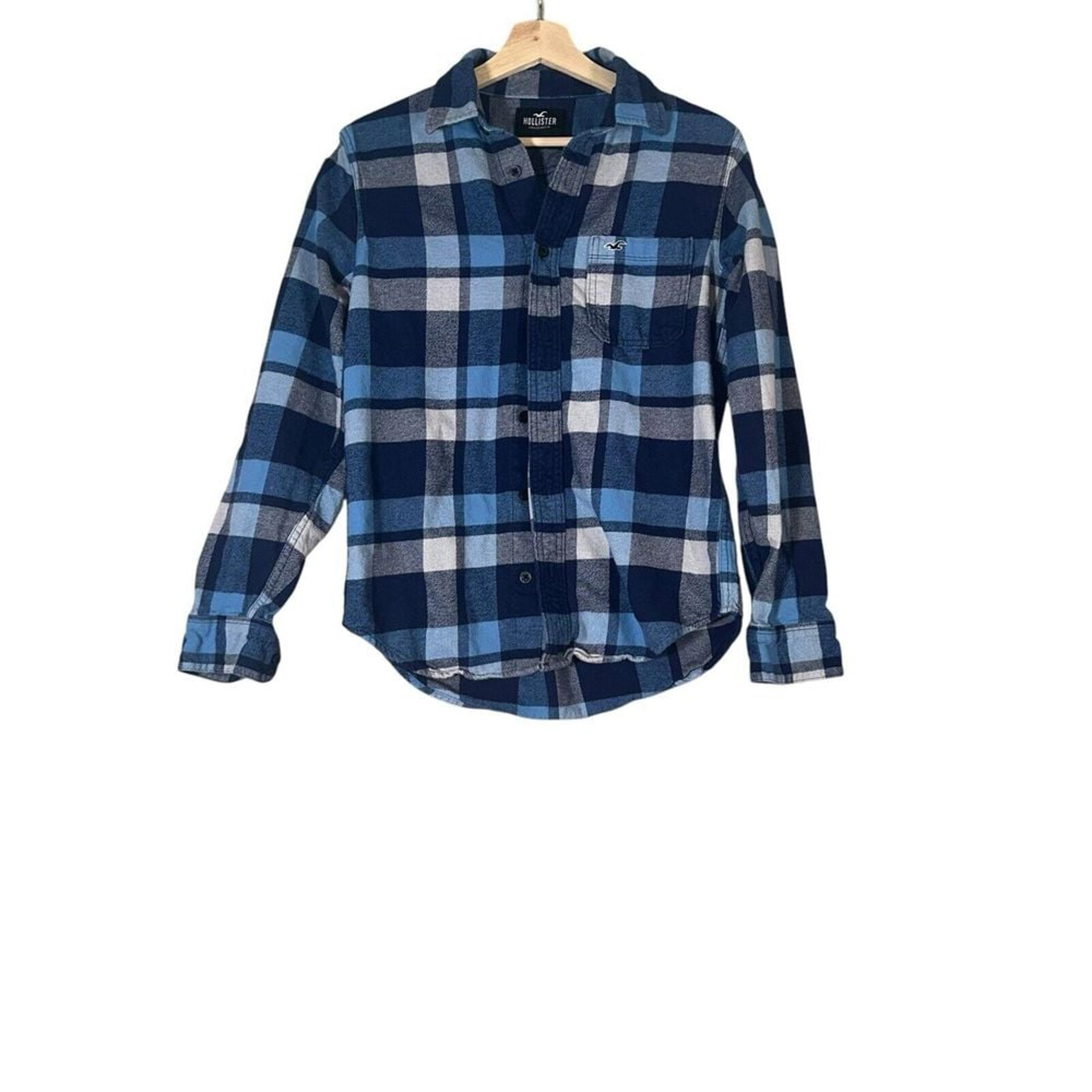 Hollister Unisex christmas Y2K Blue Plaid Fleece Long Sleeve Winter Top Sz XS