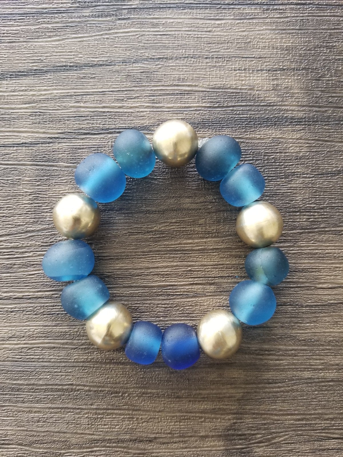 Ancient Excavated Translucent Blue Glass Beads and Brass Bracelet
