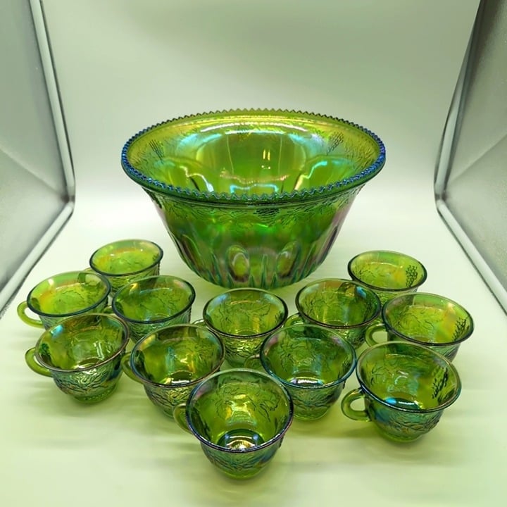 Indiana Green Carnival Glass Punchbowl set 12 cups iridescent color