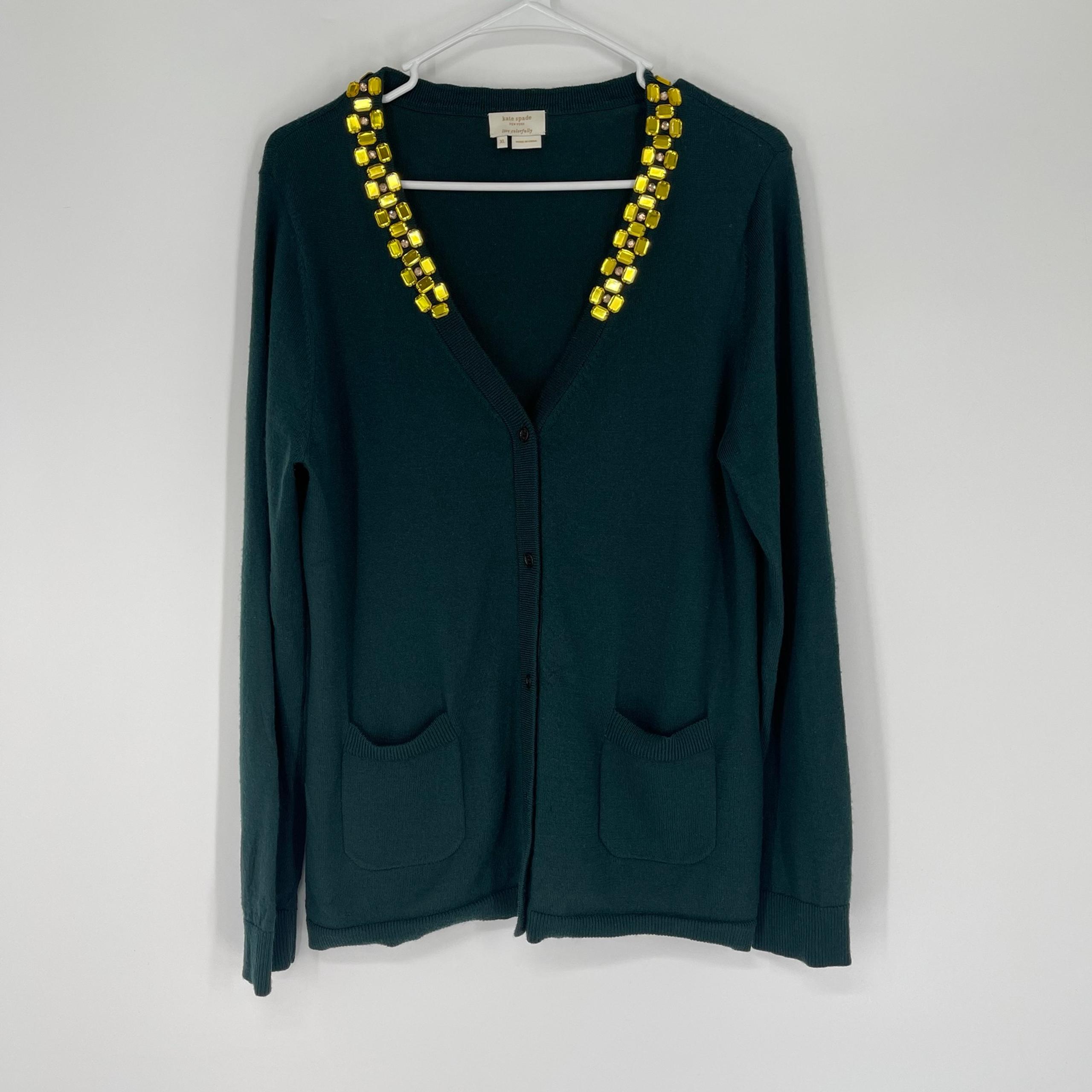 Forest Green Jeweled Eryn Wool Cardigan - Kate Spade