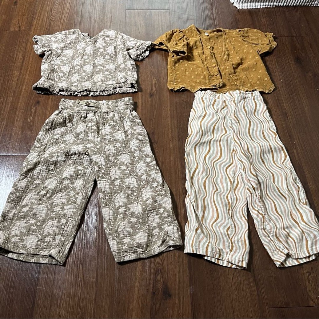 Rylee and Cru Girls Top Pants Set Bundle Lot 4-5 Years Linen Cotton Brown Pink