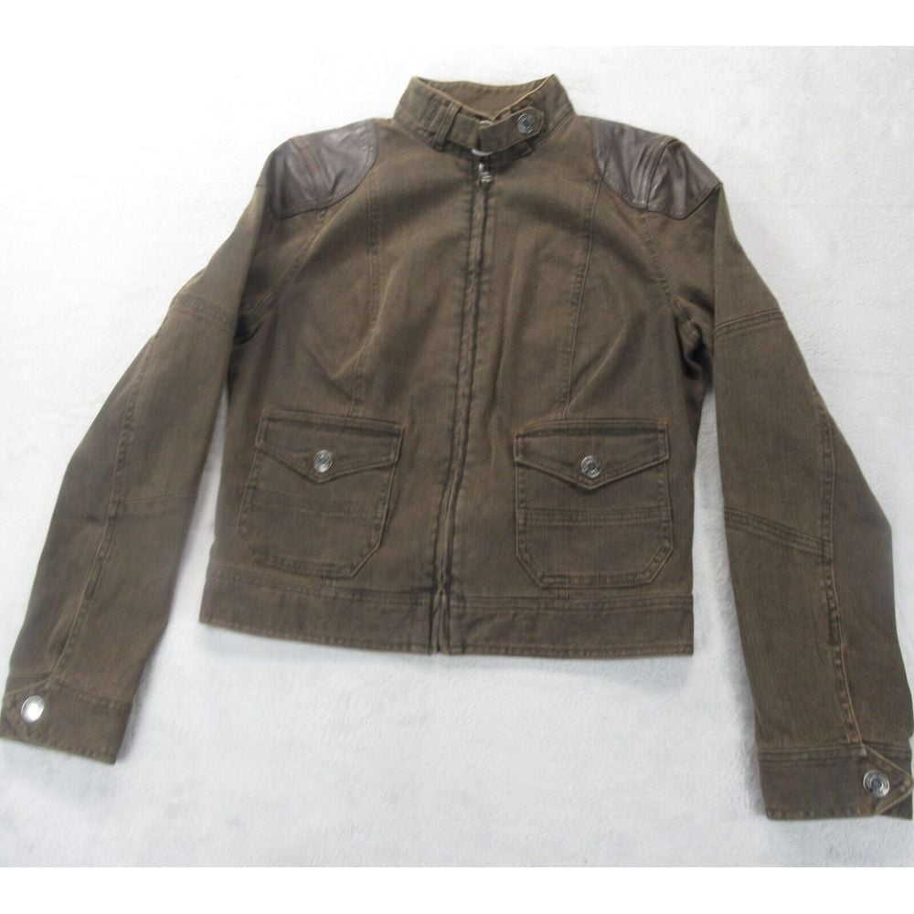 LRL Lauren Jeans Co Jacket Womens 8 Brown Sheep Leather Trim Shoulder Full Zip