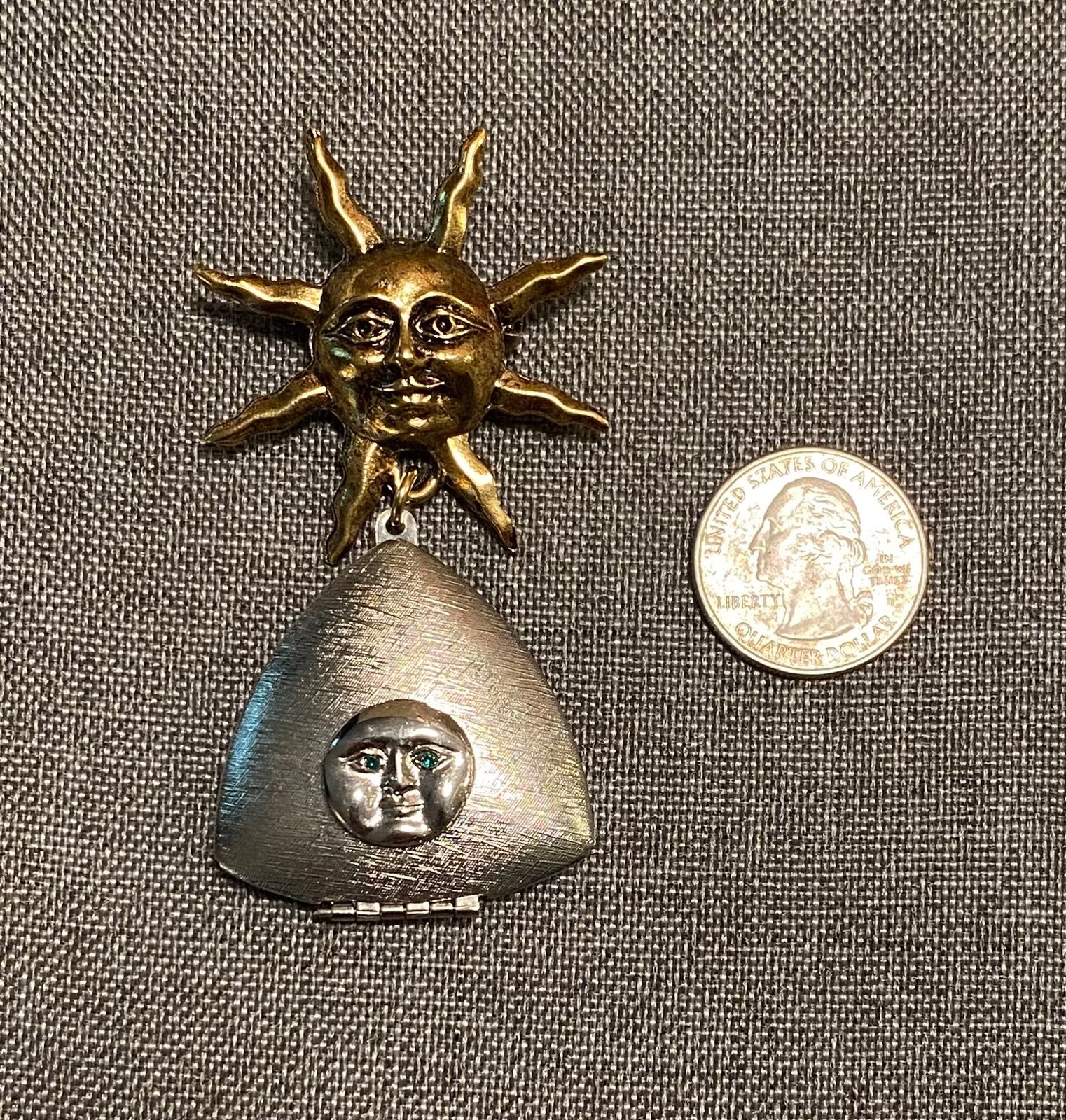 Vintage and Unique Sun & Moon Locket Brooch