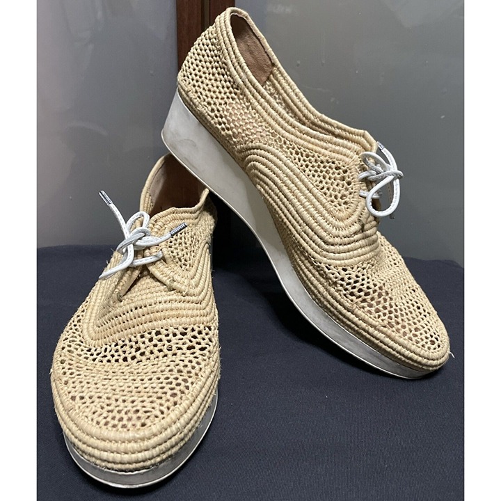 Robert Clergerie Vicole Raffia Woven Wedge Oxford Lace Up Platform Shoes Size 9