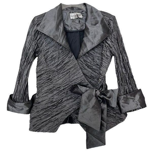 Victor Costa Statement Evening Blouse Elegant Wrap Top Bow Metallic Silver Small
