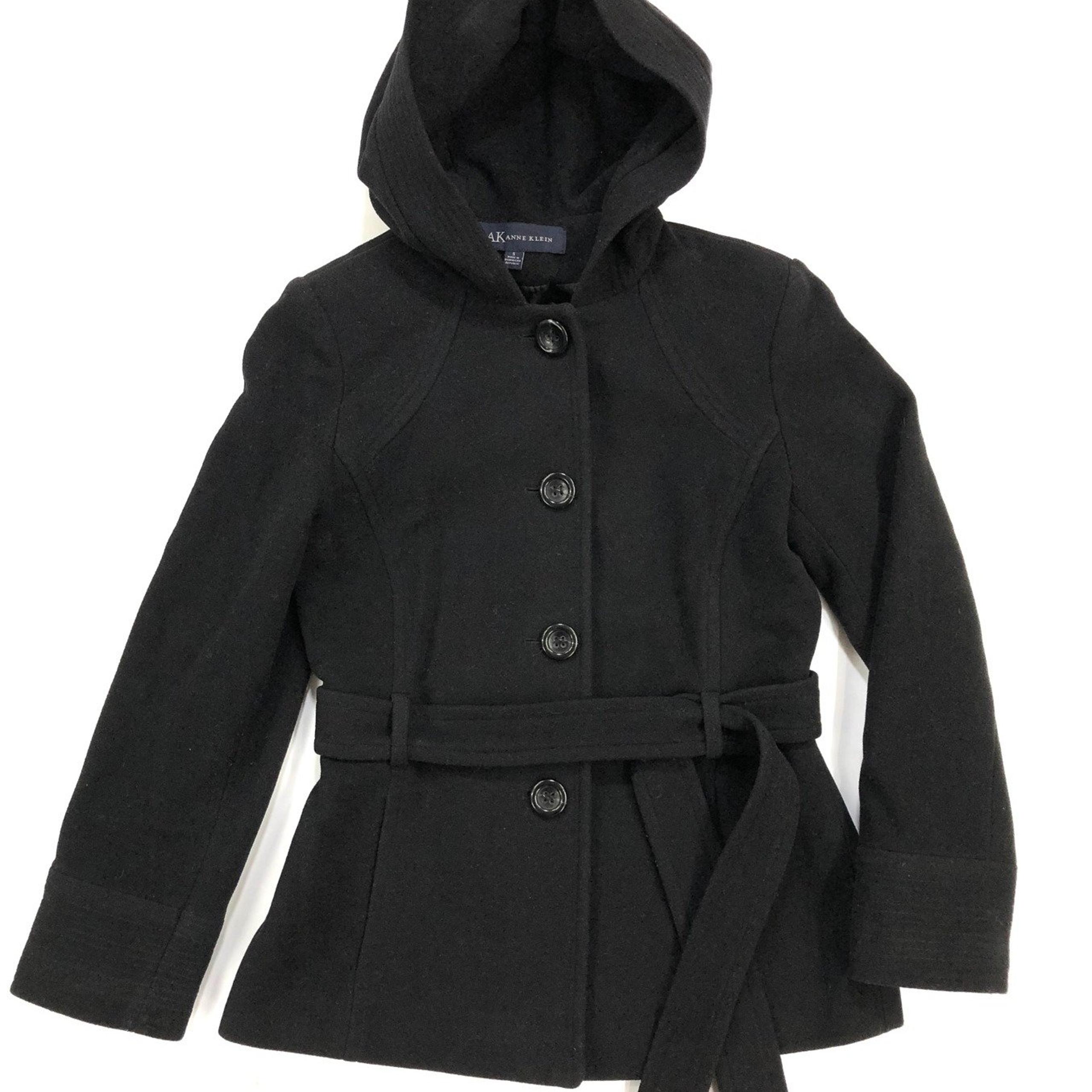 ANNE KLEIN Wool Hooded Peacoat / Jacket, Black, women's S