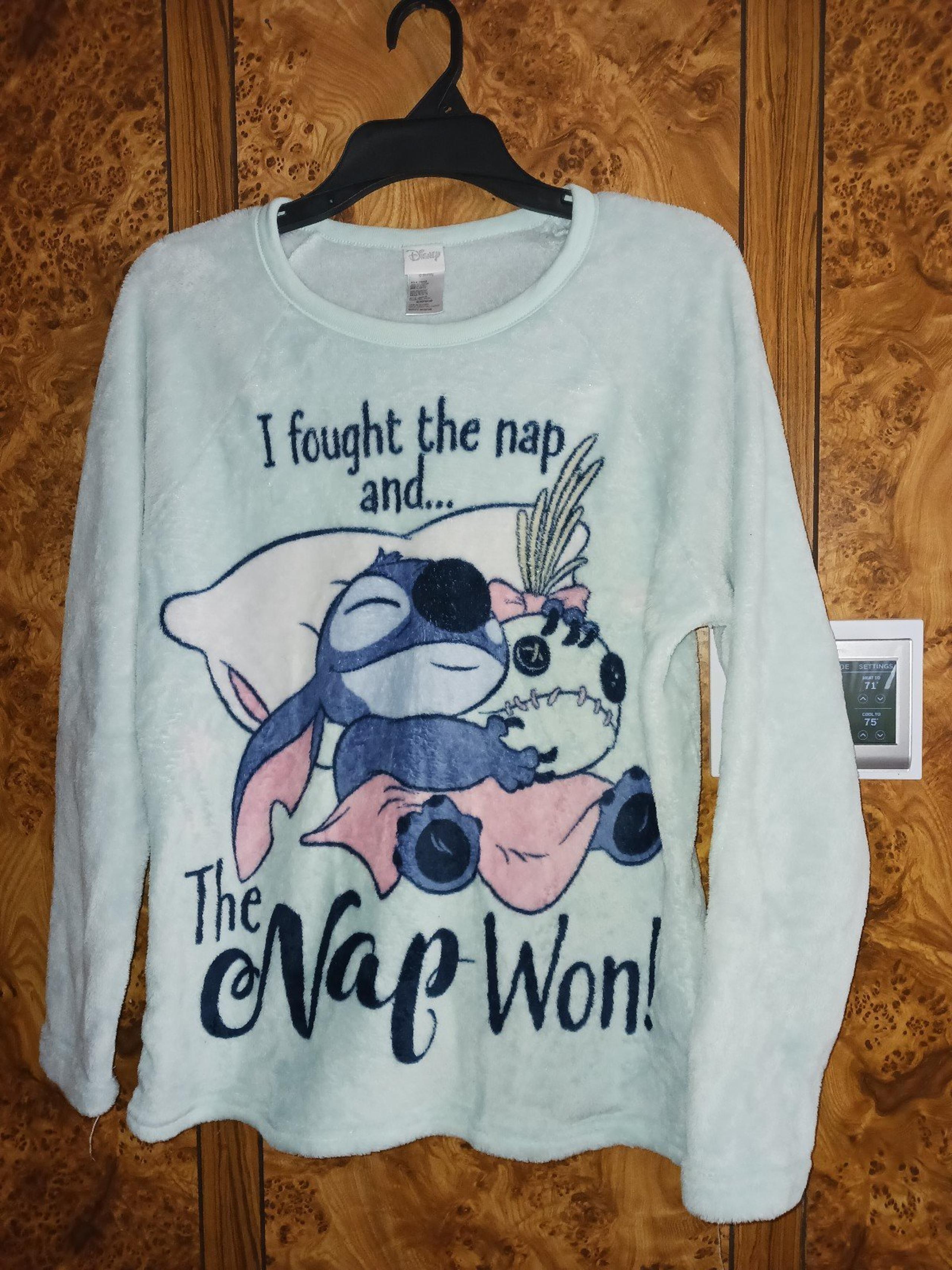 DISNEY women's long slv Stitch Scrump pajama top I fought the Nap the Nap WON L