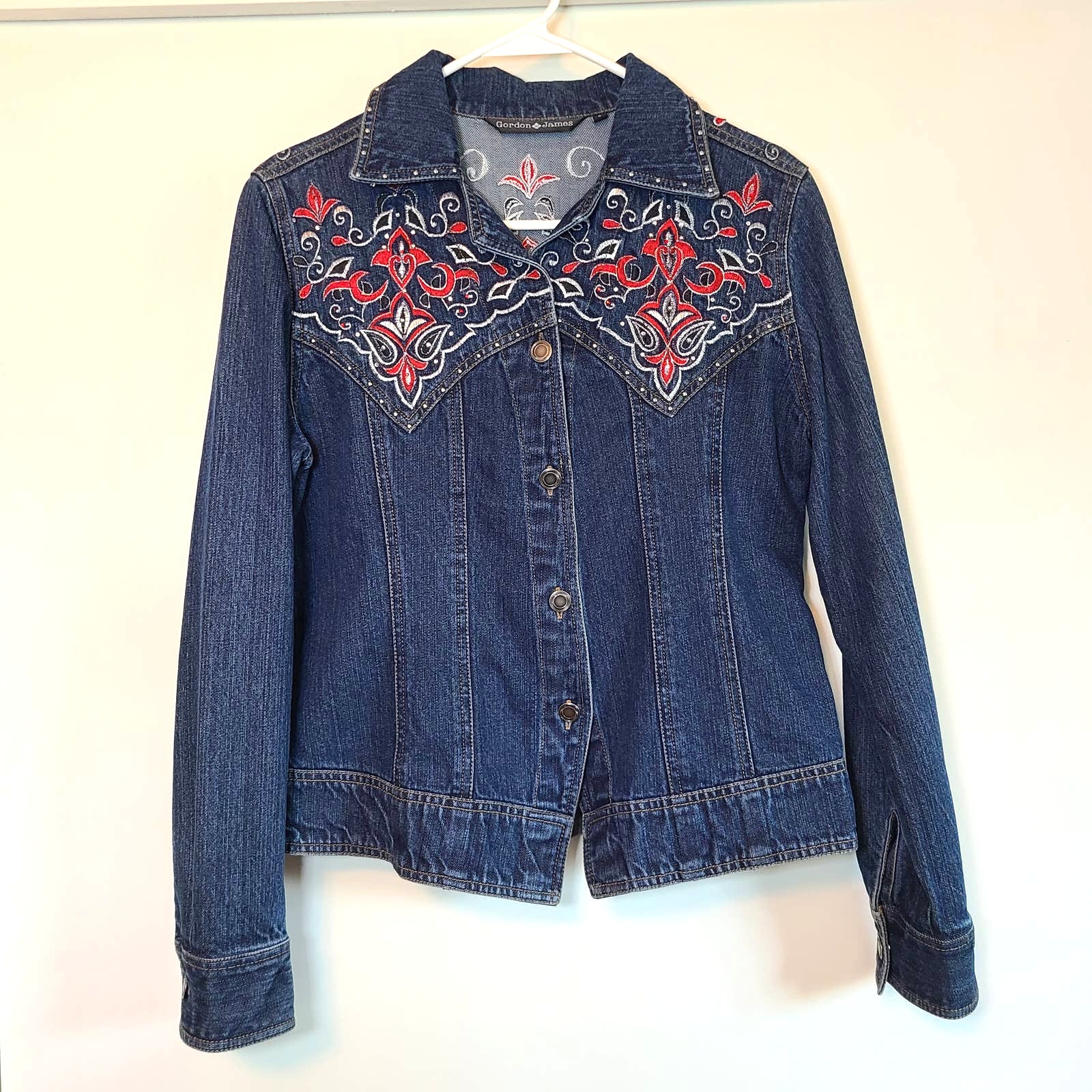 Gordon James Womens Embroidered Denim Jean Jacket Studded Boho Floral Sz S