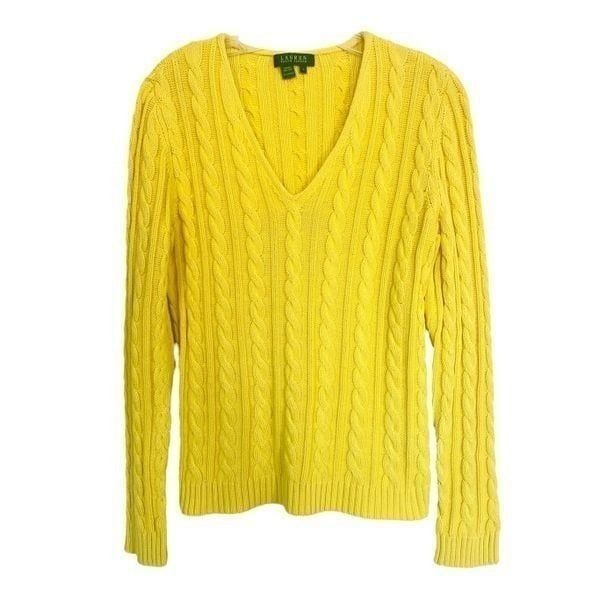 Lauren Ralph Lauren Yellow Cable Knit 100% Cotton V Neck Sweater Sz L