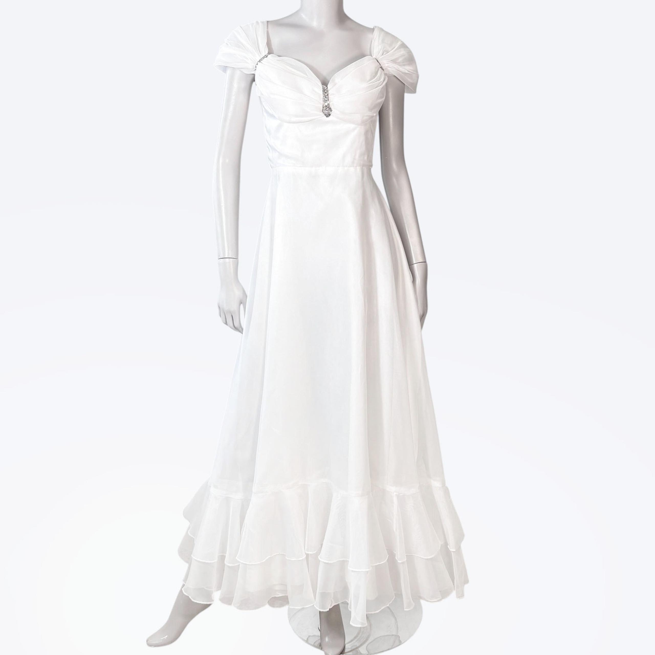 VTG 60s/70s White Prom Wedding Dress Women's S Union Milkmaid Cottage Chiffon