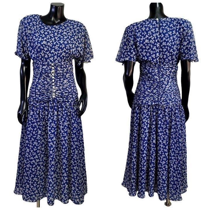 Vintage Anthony Norman Grainne Blue Ditsy Floral Chiffon Ruched Waist Dress
