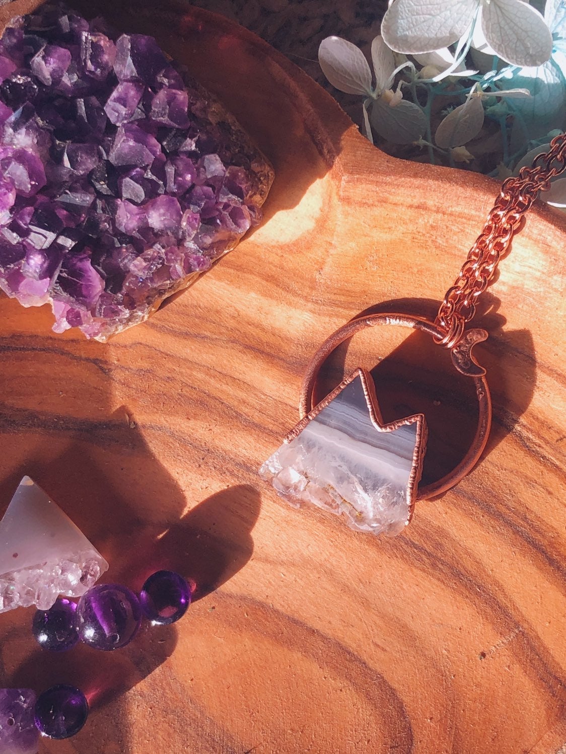 amethyst agate mountain moon copper pendant necklace crystal handmade