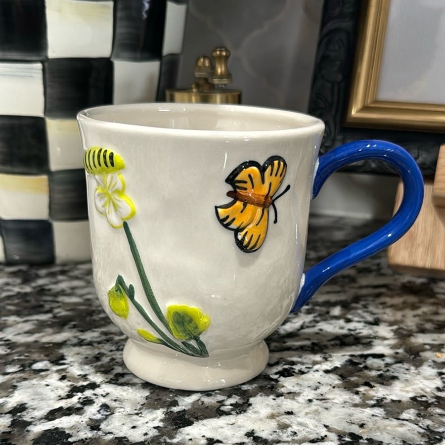 Anthropologie Faye Coffee Tea Mug White Blue Hand Painted Stoneware 13 oz. New -