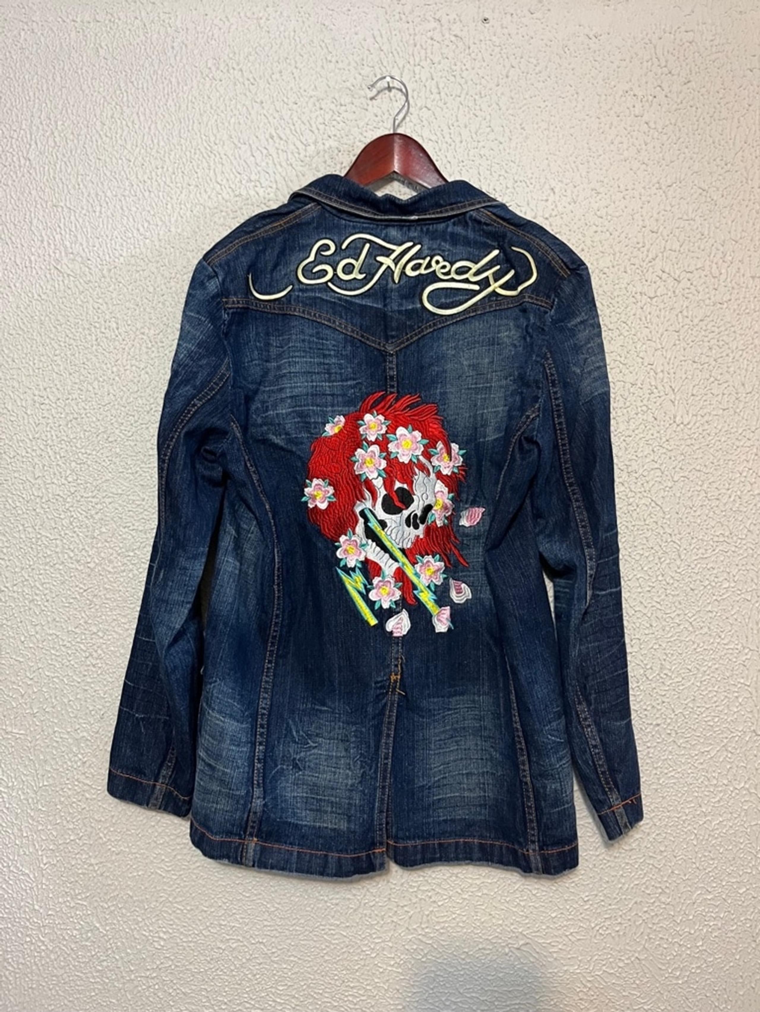Vintage Ed Hardy Heavily Embroidered Floral Skull Western Denim Duster Jacket