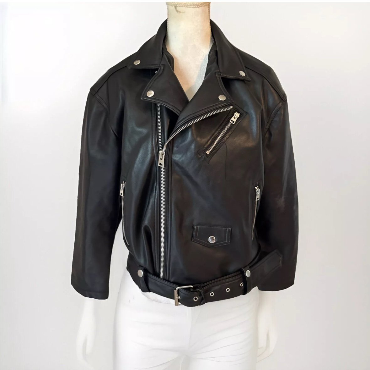 Topshop Moto Biker Jacket Women's Black Vegan Faux Leather Zippers Size Small