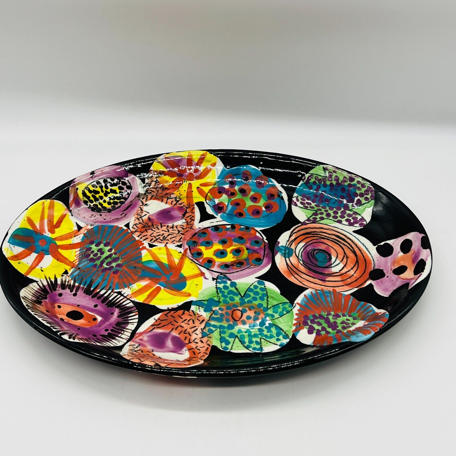 Lorna Jackson Currie England studio pottery black platter colorful abstract