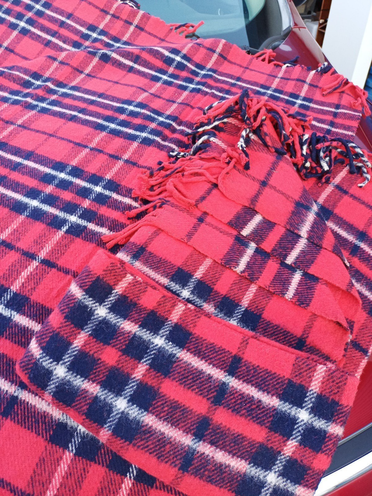 Pair red TROY ROBE New-Old-Stock Plaid Stadium Blanket USA wool blend