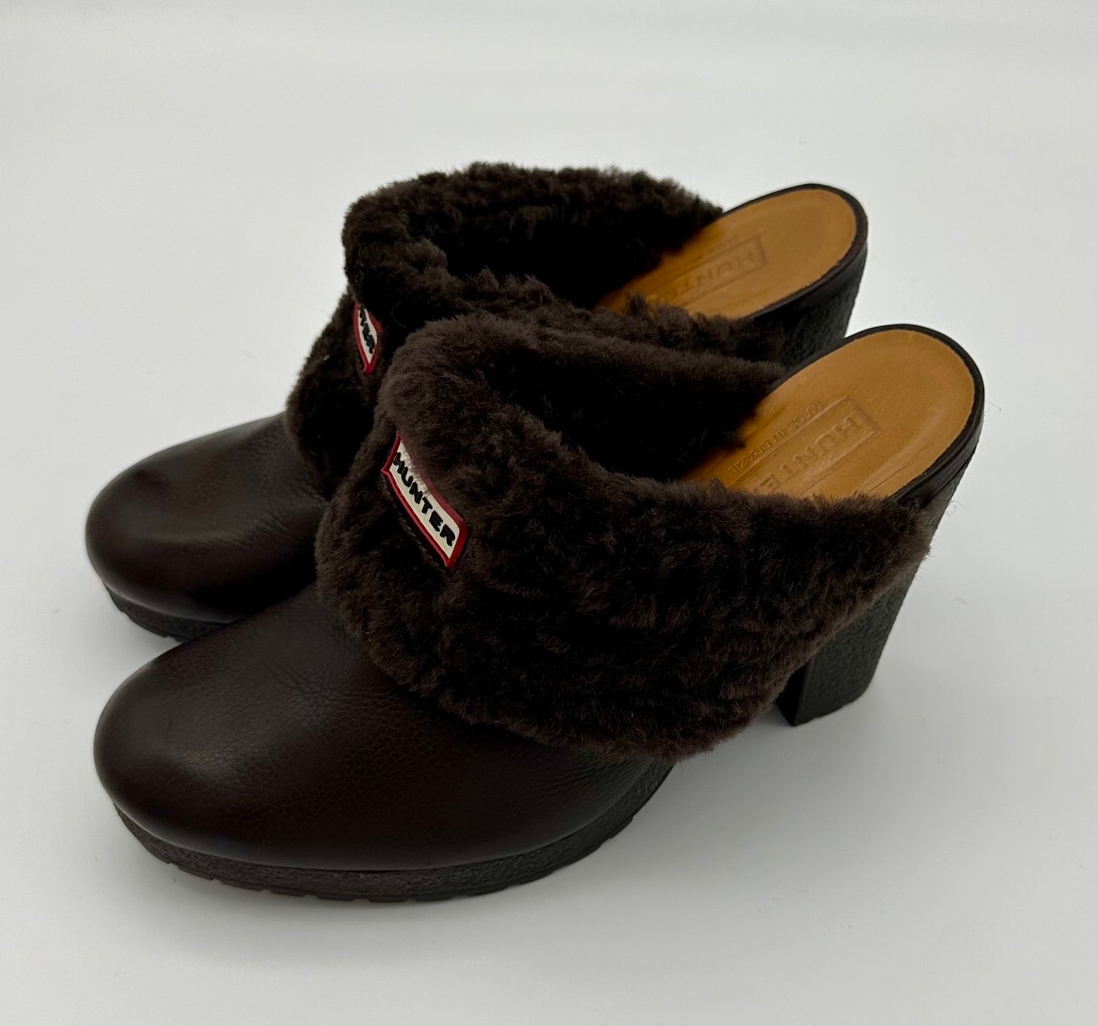 Hunter Women's Bruson Dark Brown Leather Clogs Heels Sheepskin Fur Lined Sz 6