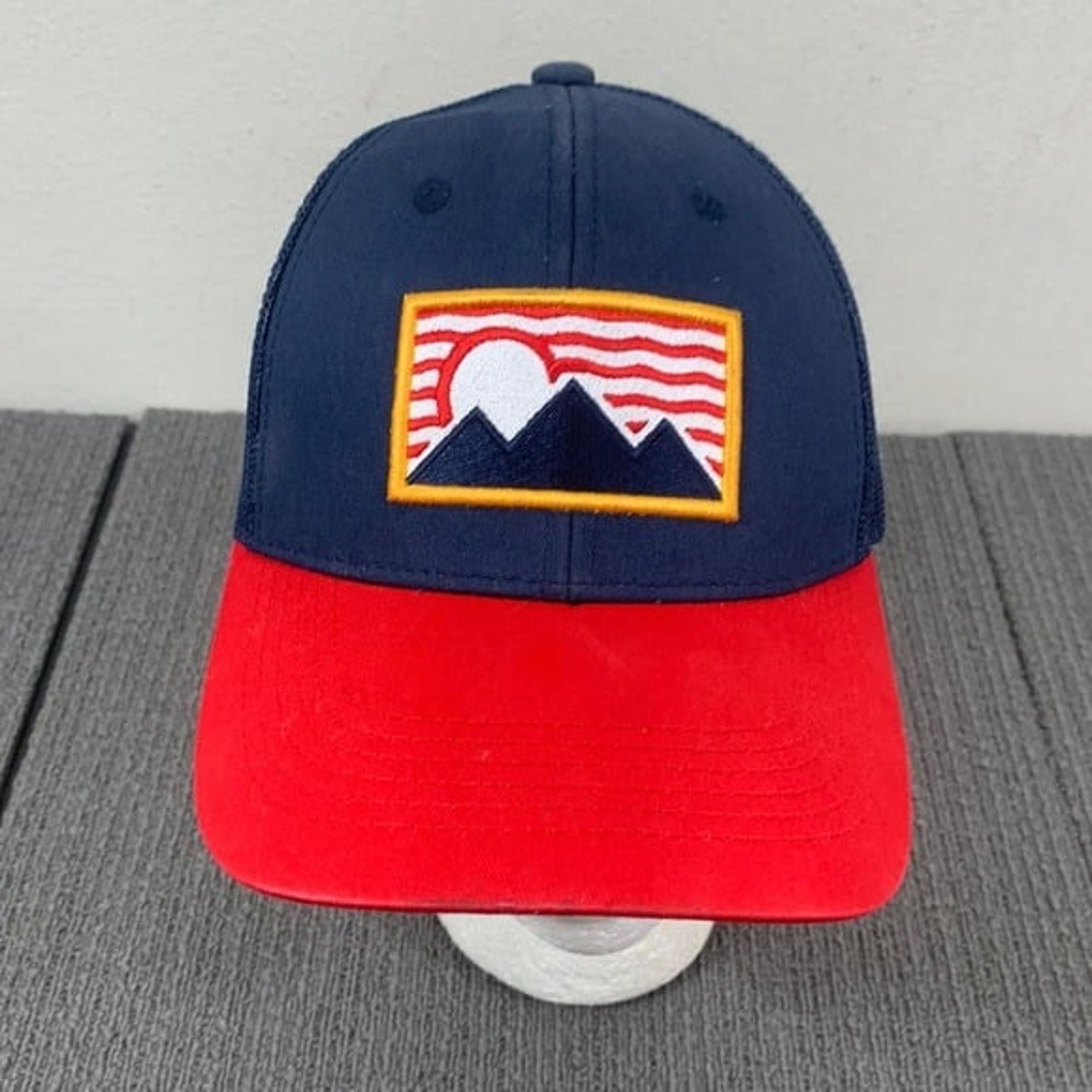 George Trucker Hat Mens OS Navy Red Mesh Back Mountain Scene Snapback Cap