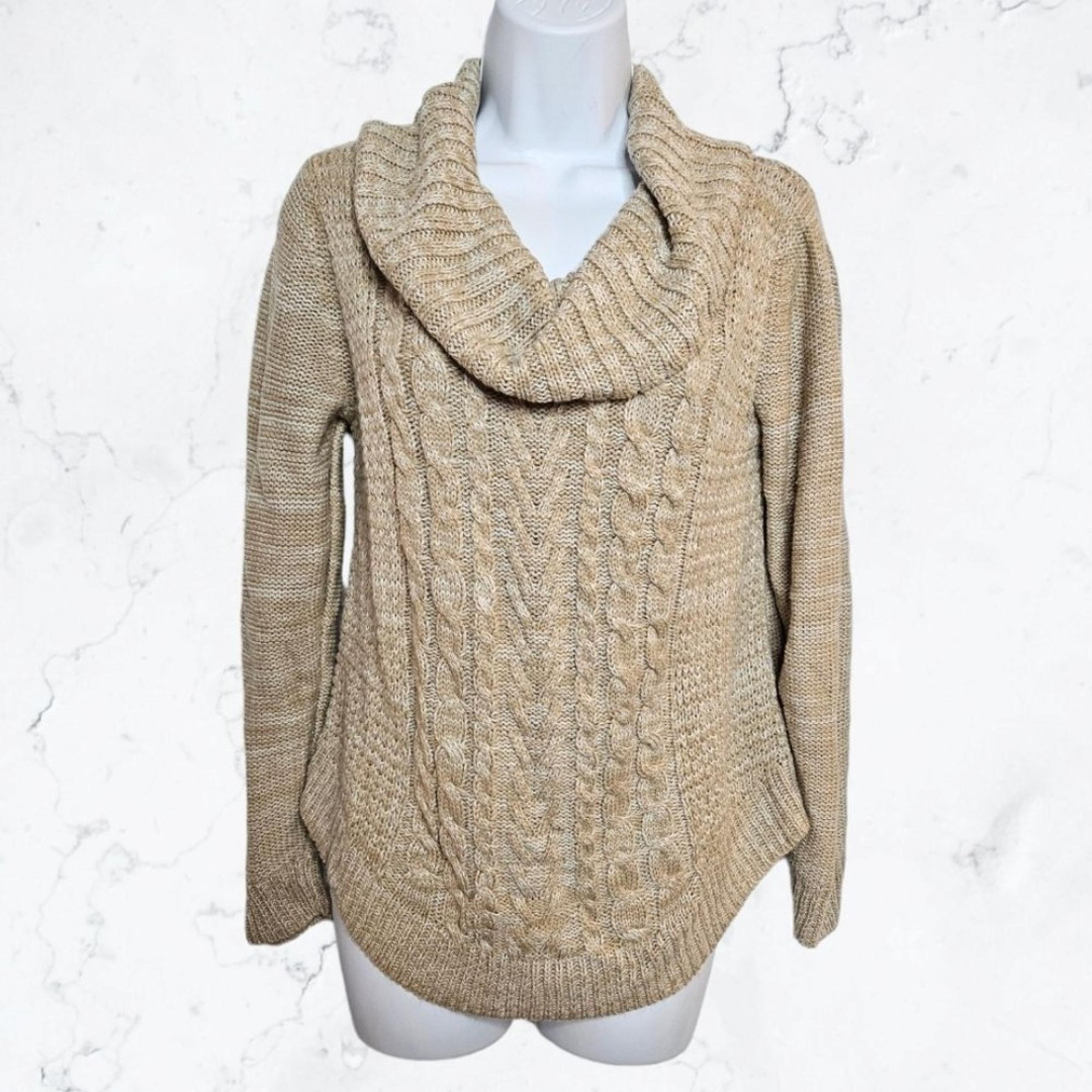 Beige / Tan and White Cable Knit Cowl Neck Sweater - It's Our Time