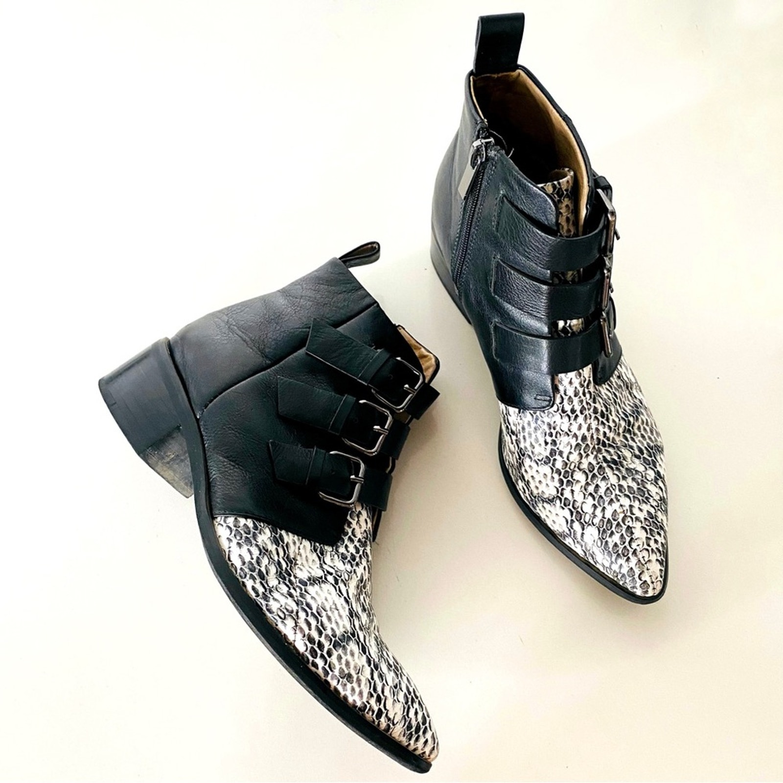 RAYE REVOLVE Black White Two Tone Snakeskin Toe Buckle Ankle Boots Booties 38