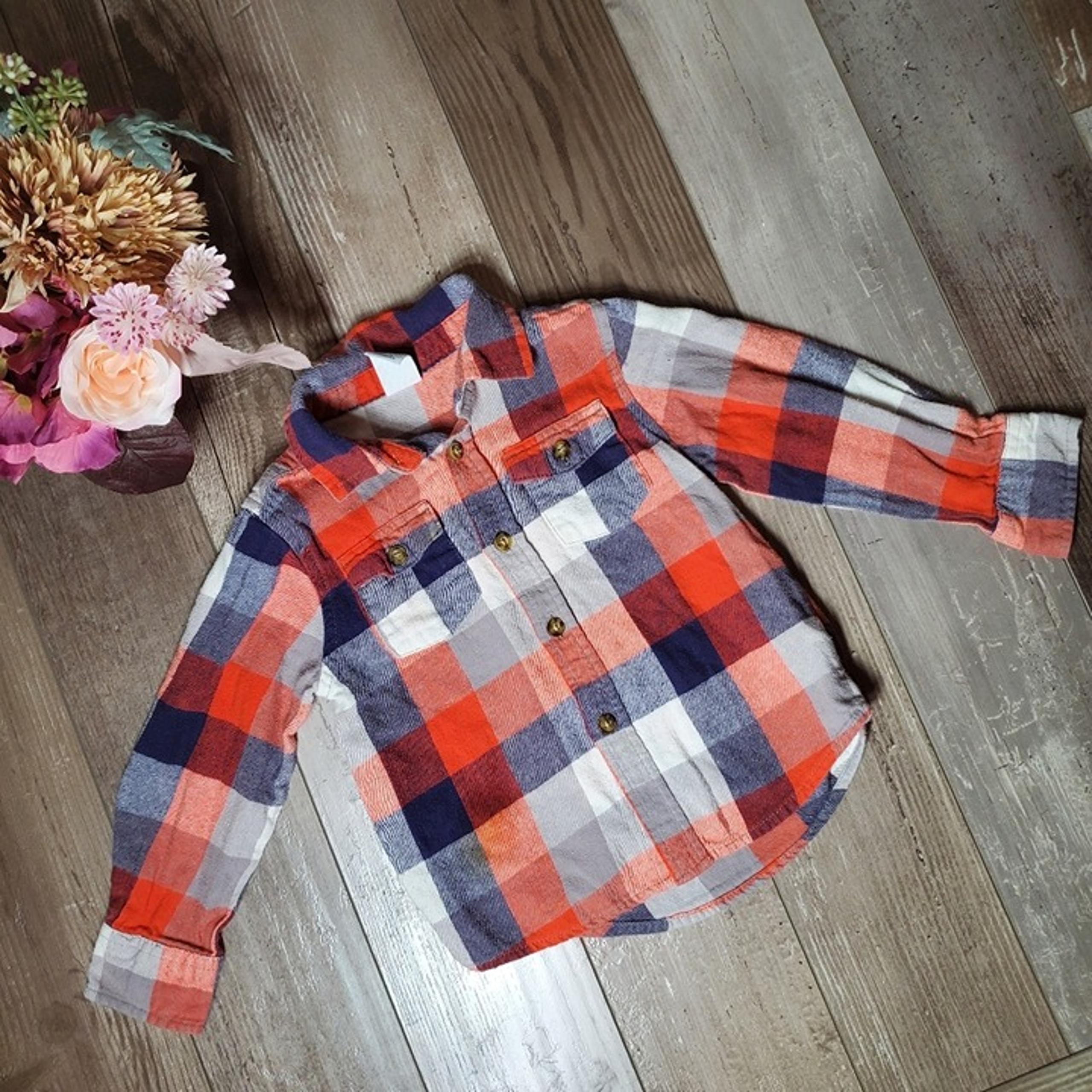 Healthtex Orange Blue White Checked Plaid Button Down Flannel Shirt Size 4T EUC
