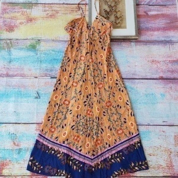 Lani Orange Multicolored Floral Sleeveless Flowy A-line Boho Maxi Dress S