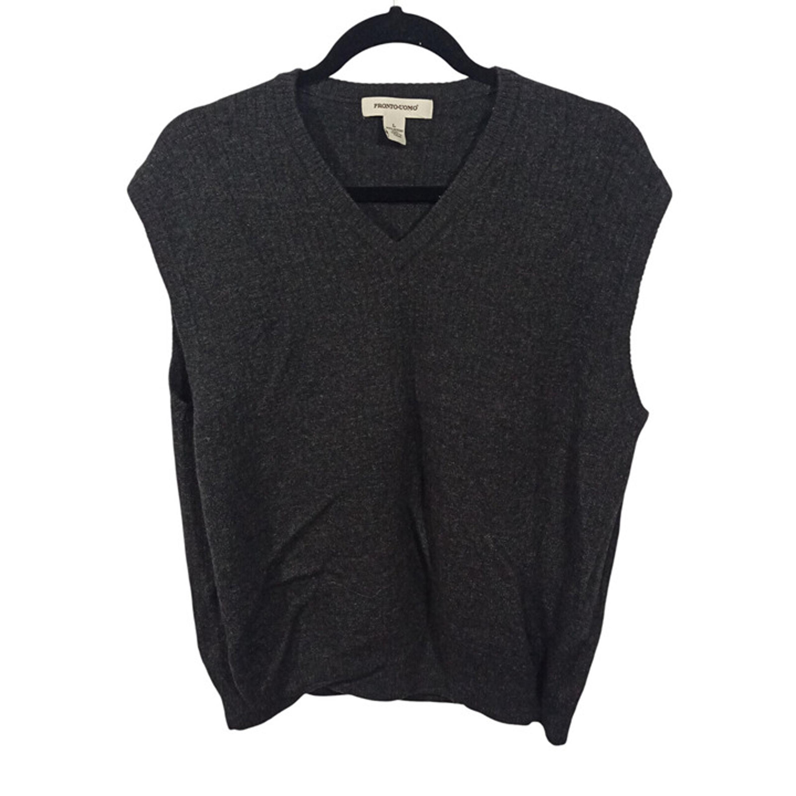 Pronto Uomo Mens Sweater Vest Size L Merino Wool Dark Gray V Neck Classic Preppy