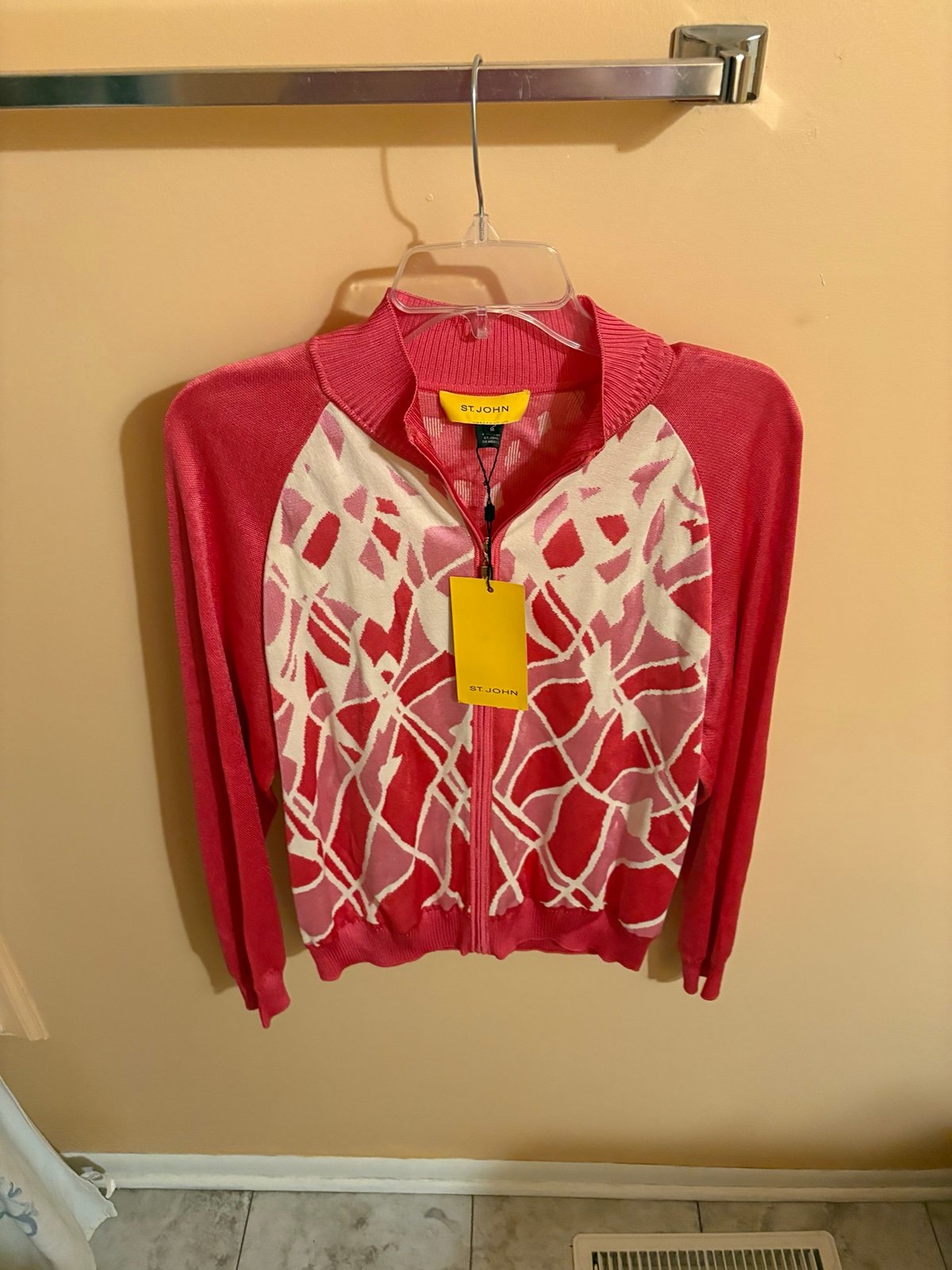 NWT St. John wool blend pink & white printed zip up cardigan
