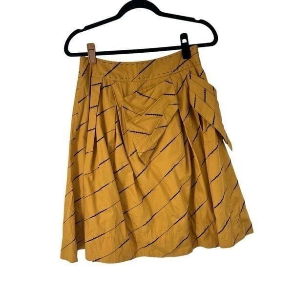 Anthropologie Floreat Mustard Yellow Blakc Stripe Large Bow Skirt Sz 4