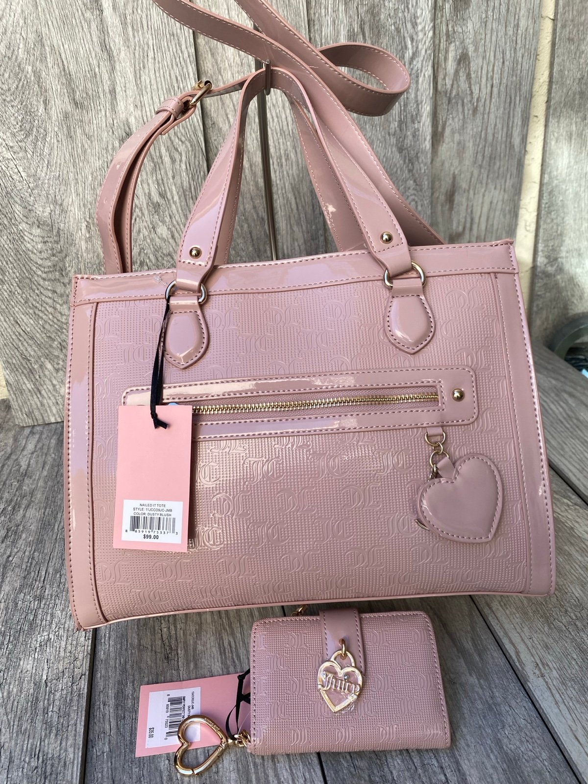 Juicy Couture Pink Patent Tote Bag & Wallet Set – Monogram, Heart Charm