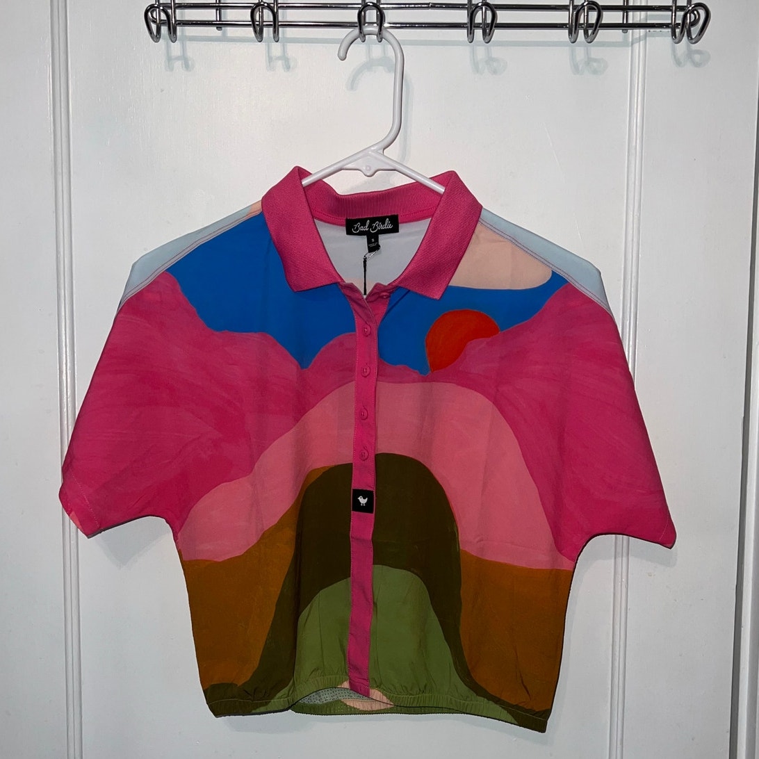 New Bad Birdie Range Short Sleeve Crop Polo Cotton Candy Skies size S