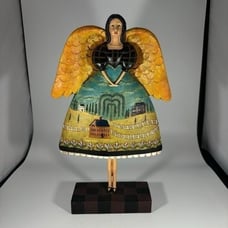 David Harden Folk Art Angel Country Landscape Carved Wood Look Americana 1990s