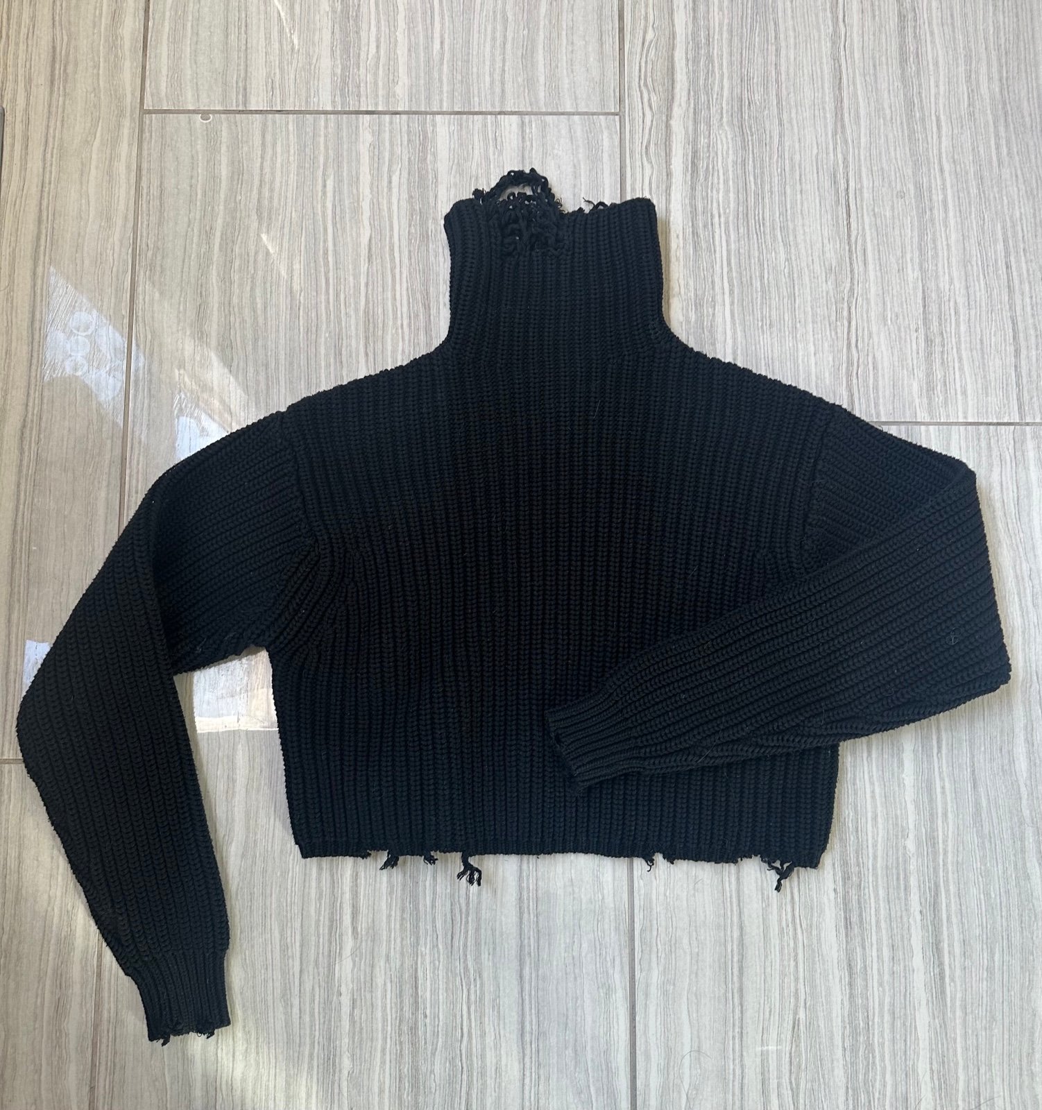 RtA Beau Cropped Turtleneck Sweater in Black Distressed, XS