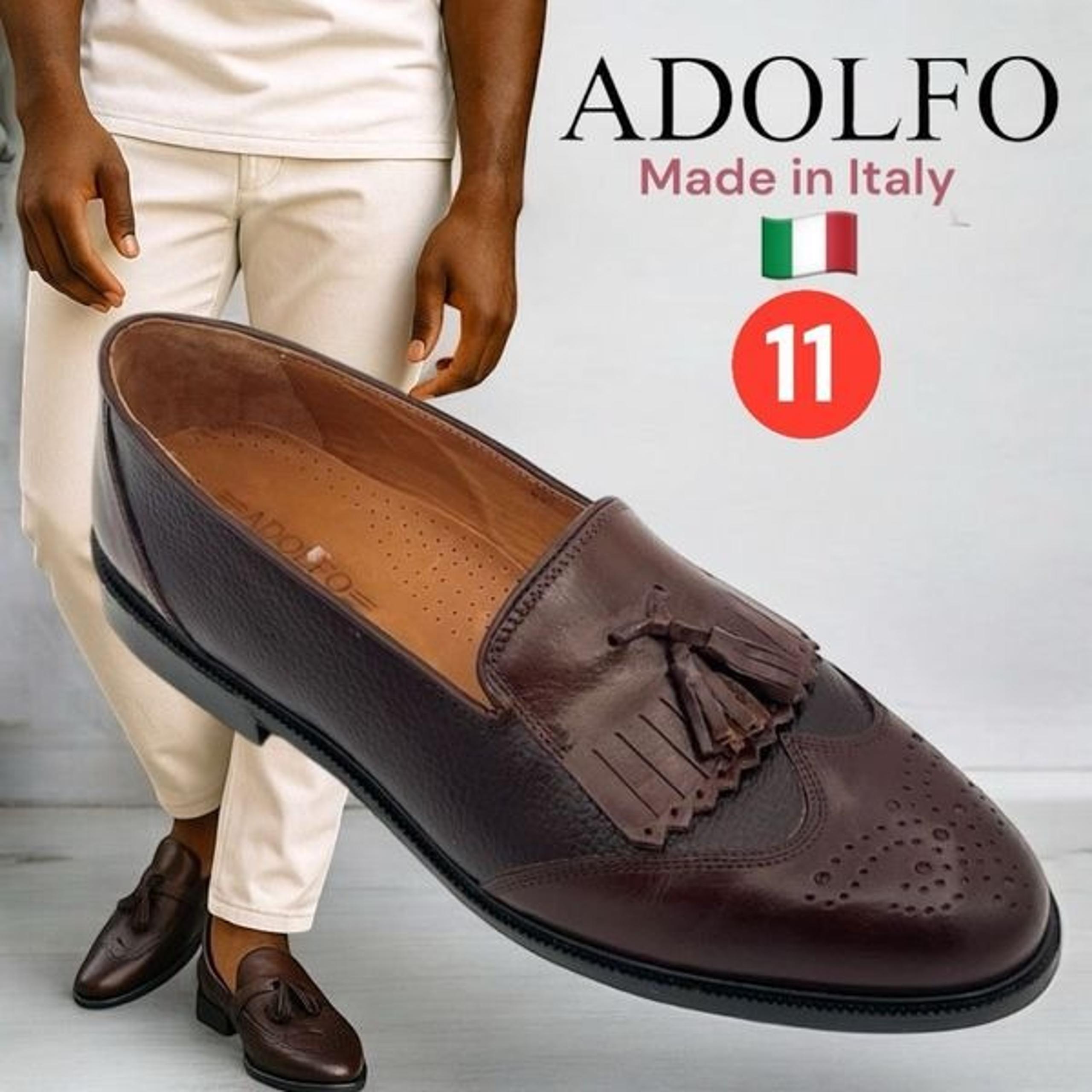 ADOLFO MEN’S Dress Shoes Loafers Brown Leather Tassels Hand Made In Italy 11