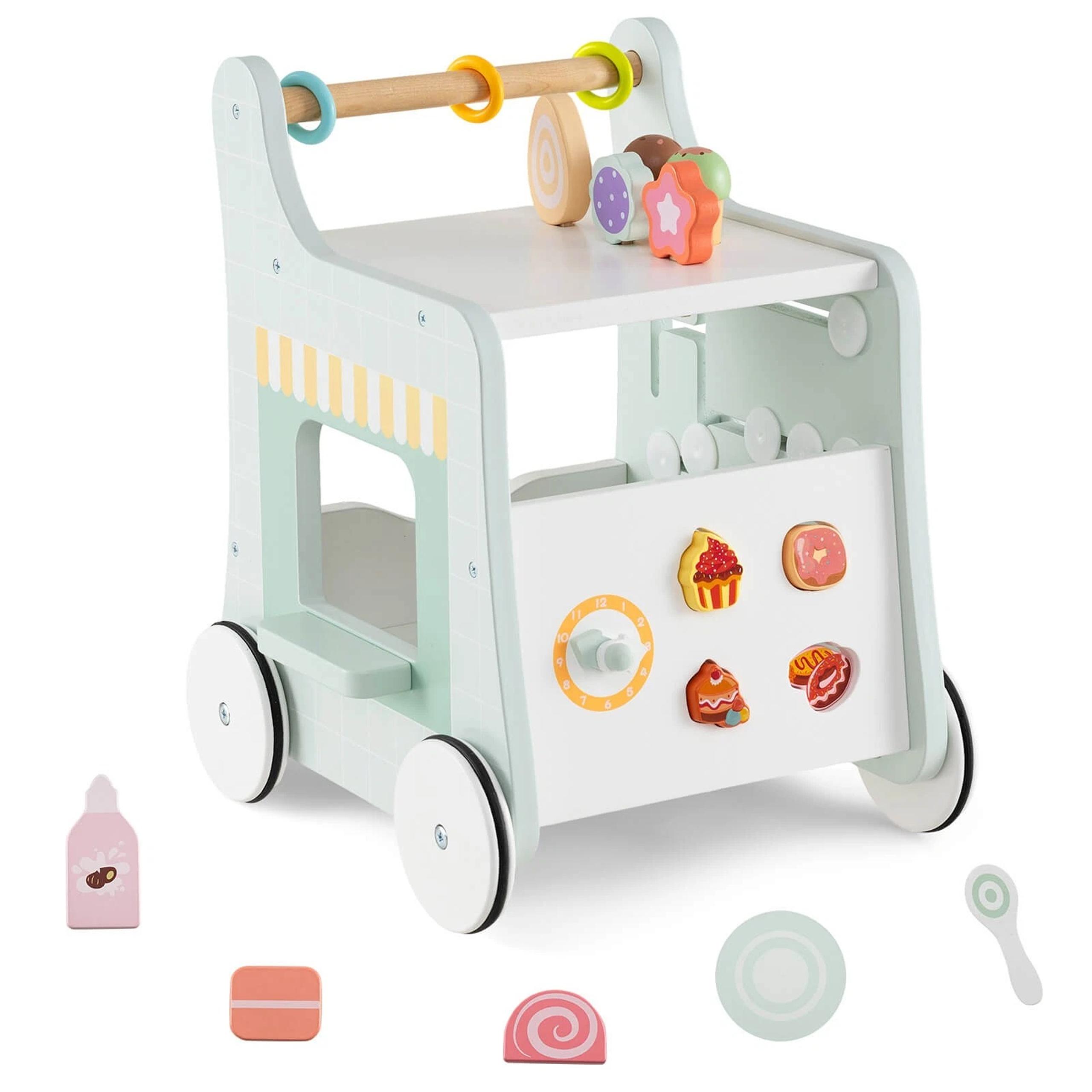 Wooden Baby Walker Ice Cream Cart Toy with Sweet Accessories & Smooth Wheels