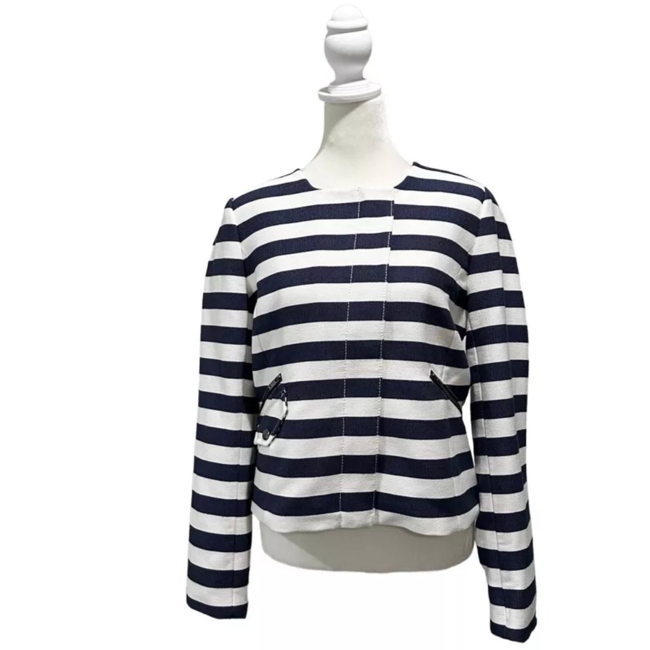 Banana Republic White & Blue Stripe Long Sleeve Zip Up Lined Moto Jacket Sz 4