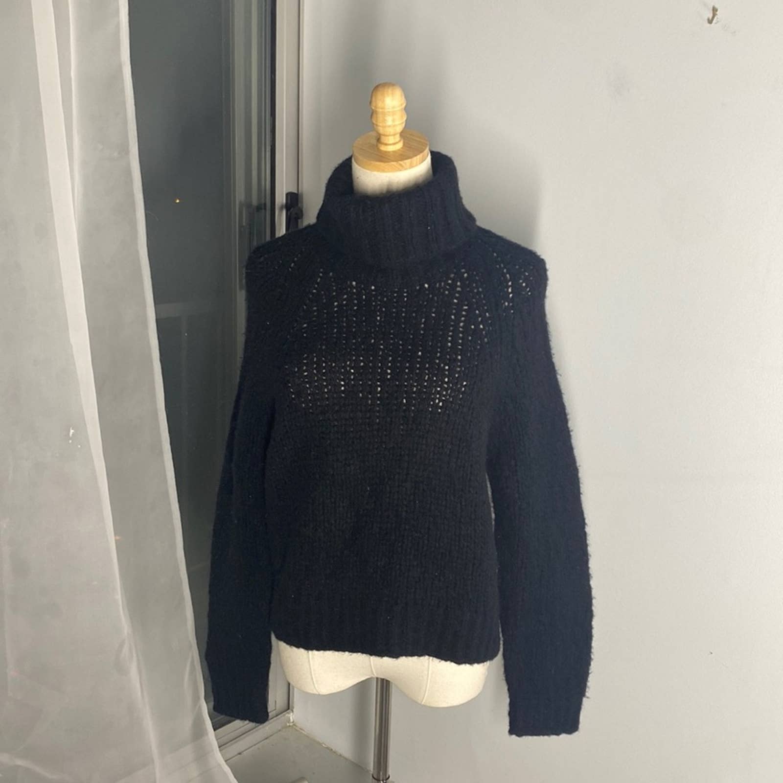 360 cashmere black open weave cowl neck wool cashmere blend sweater size S