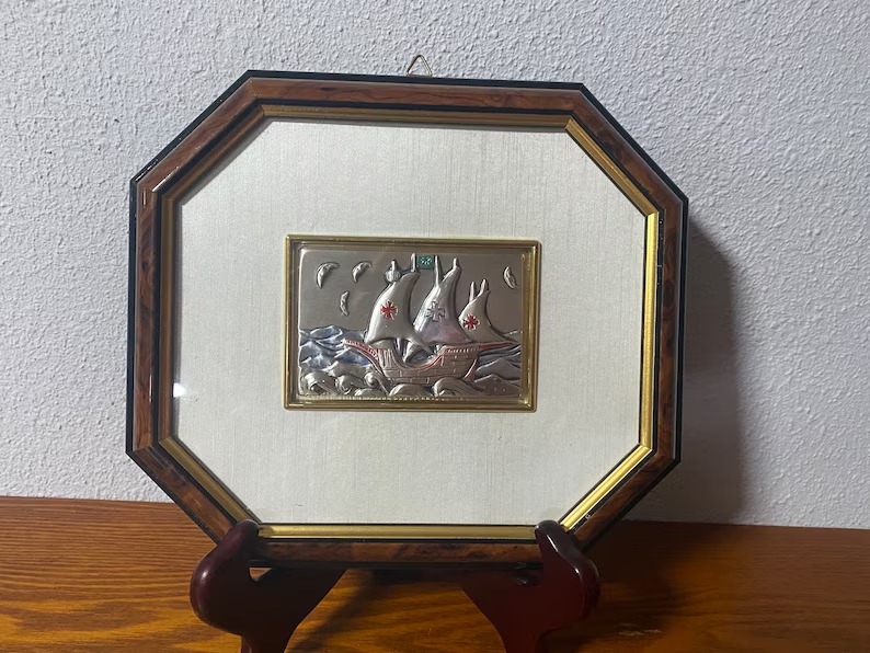 Vintage Sterling Silver 925 Picture Framed Sailing Ship Plaque or Picture, Measu