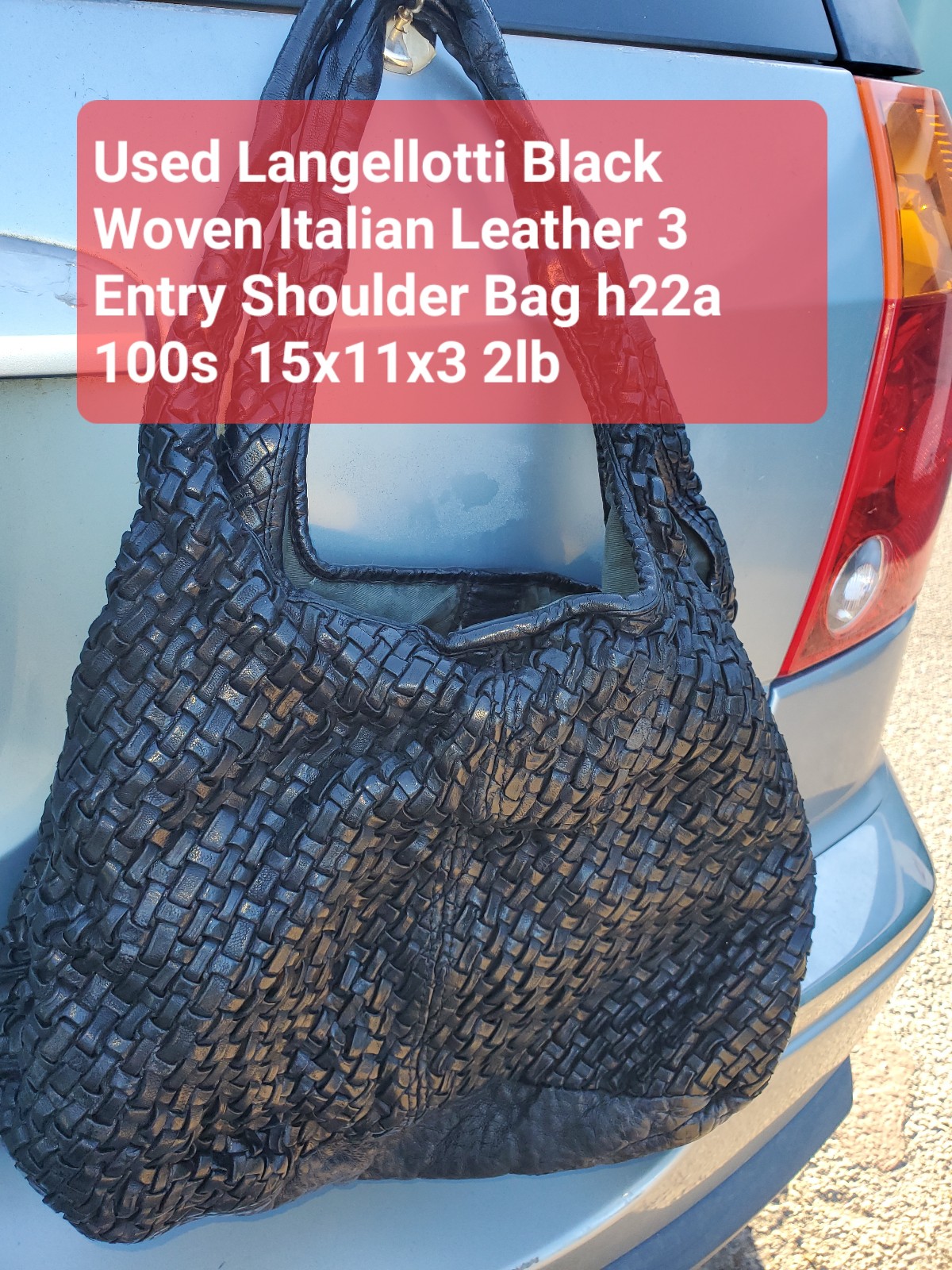 Used Langellotti Black Woven Italian Leather 3 Entry Shoulder Bag h22a 100s 15x