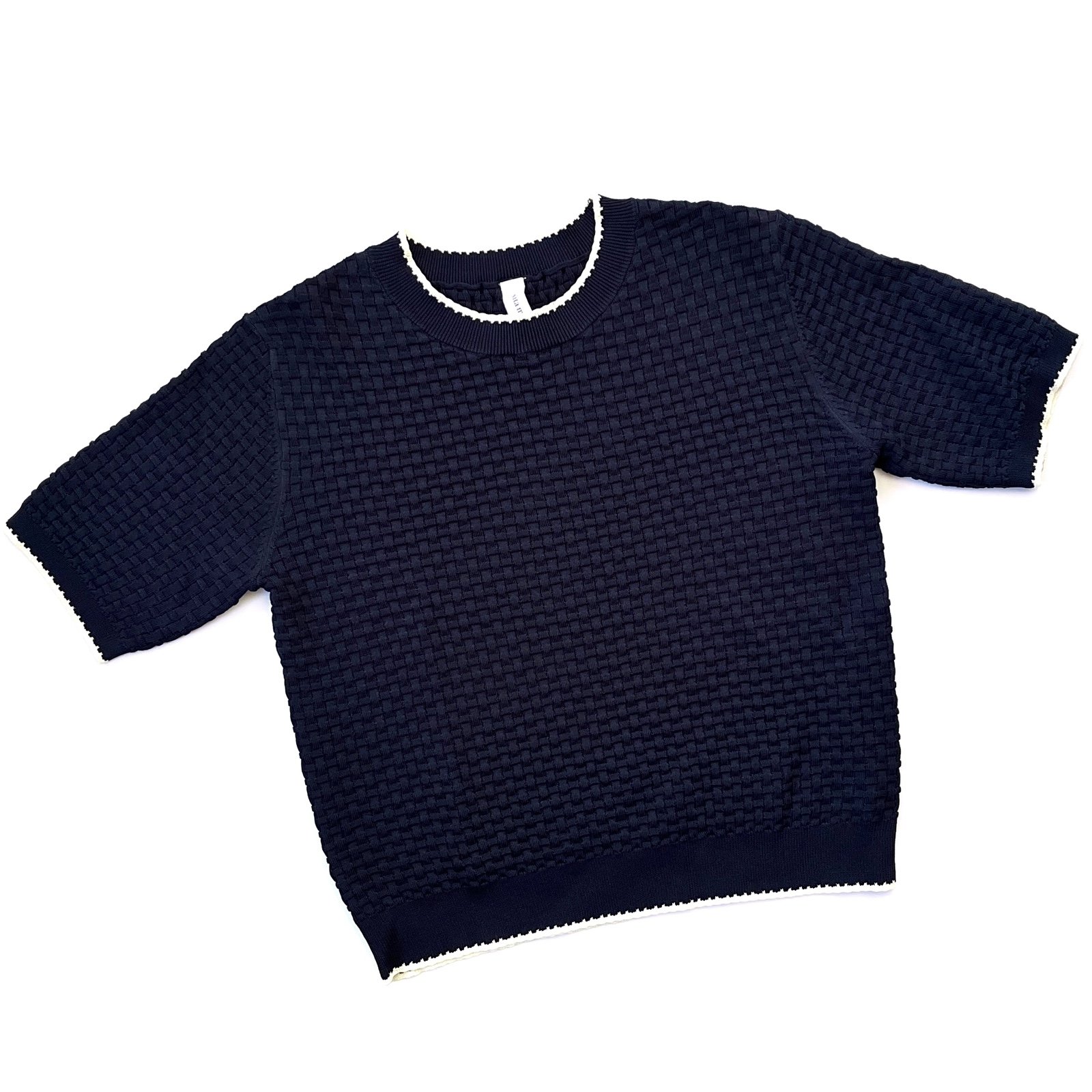 Sita Murt Women’s Short Sleeve Crewneck Basket Weave Knit Sweater in Navy Blue