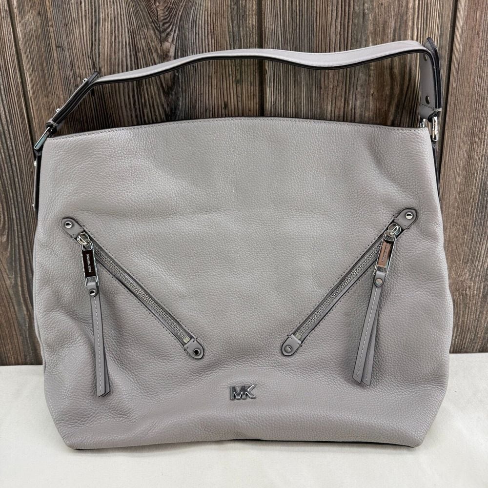 Michael Kors 30T8SZUH7L Evie Purse Gray Pebbled Leather Hobo Shoulder Bag
