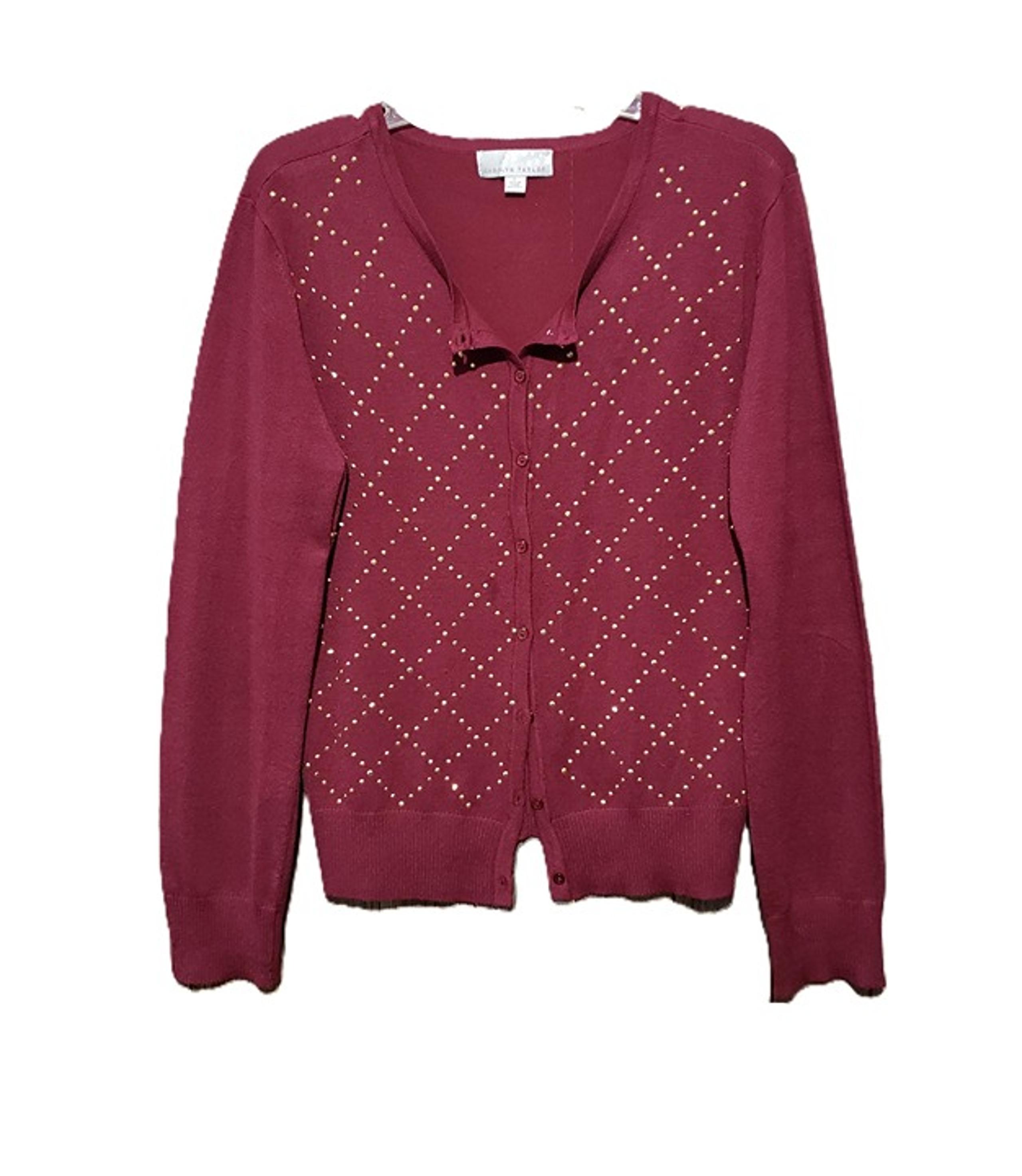 Carolyn Taylor L Women's Burgundy Gold Beaded Cardigan Sweater Lightweight