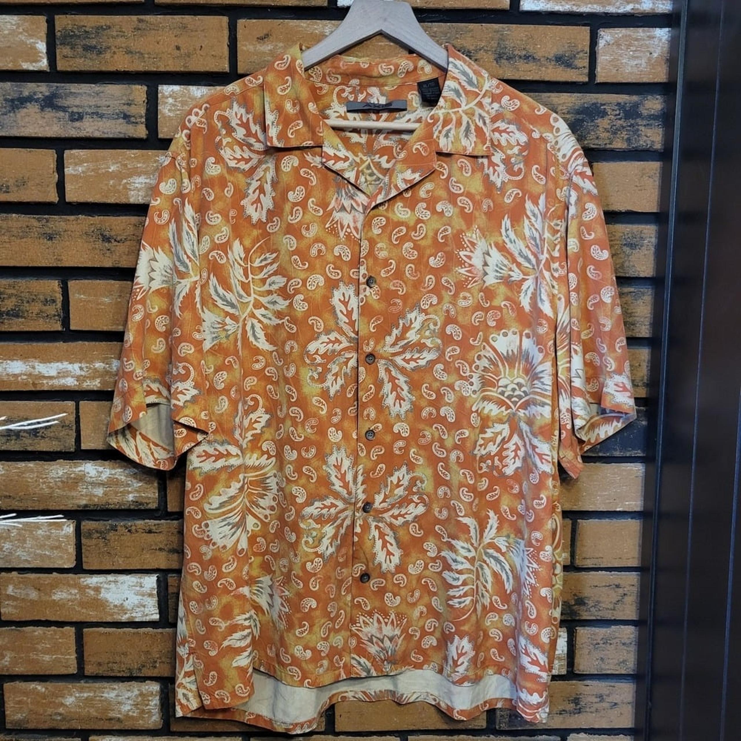 Axis Men's Shirt XL Rust Brown Yellow Silk Hawaiian Floral Paisley Embroidered