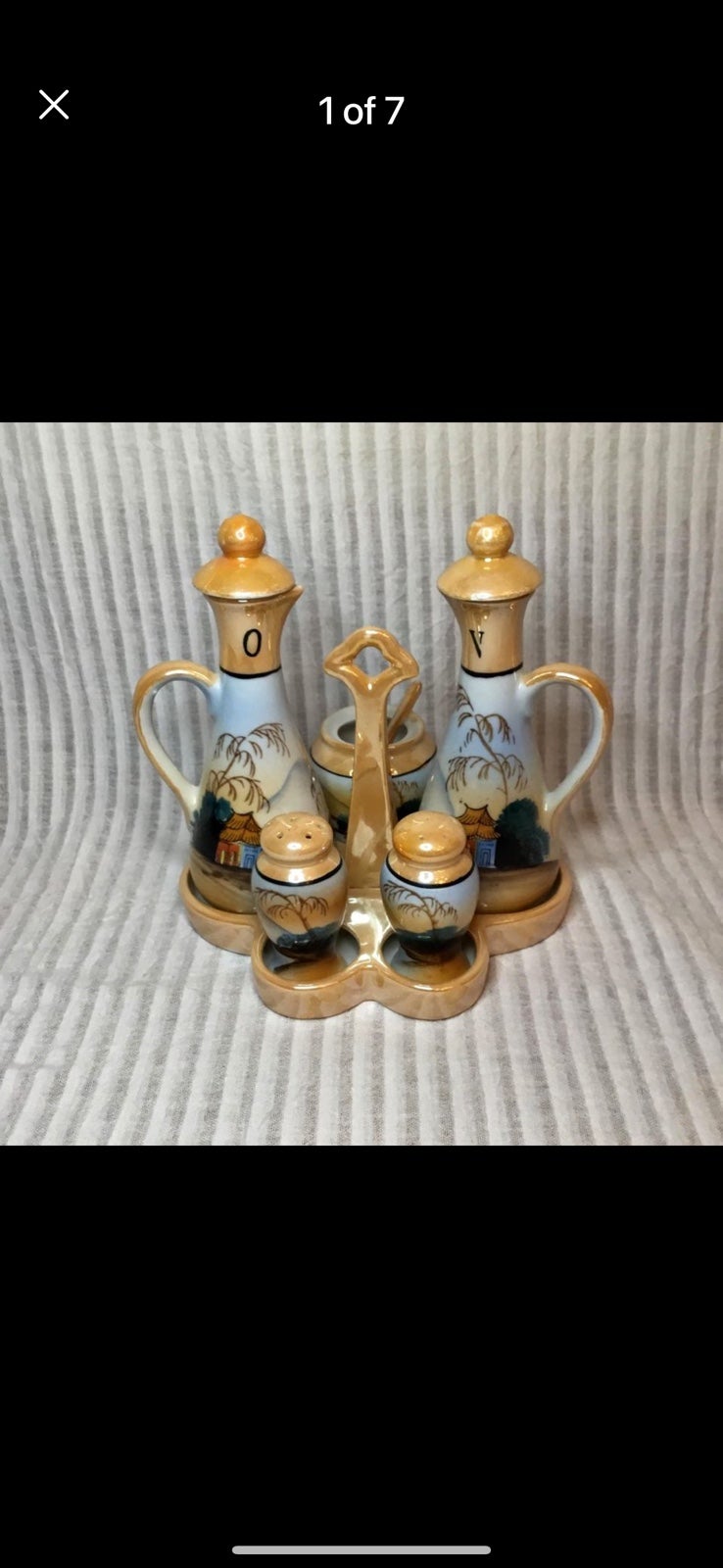 Vintage Lusterware Made in Japan Cruet Set Oil Vinegar Salt Pepper Mustard