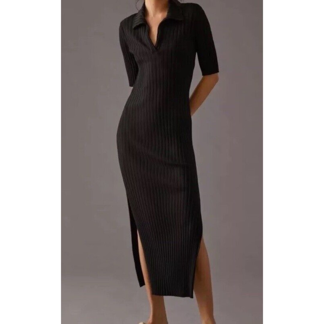 Stateside Dress Women's XL Black Ribbed Bodycon Maxi Midi Stretchy Collar V Neck