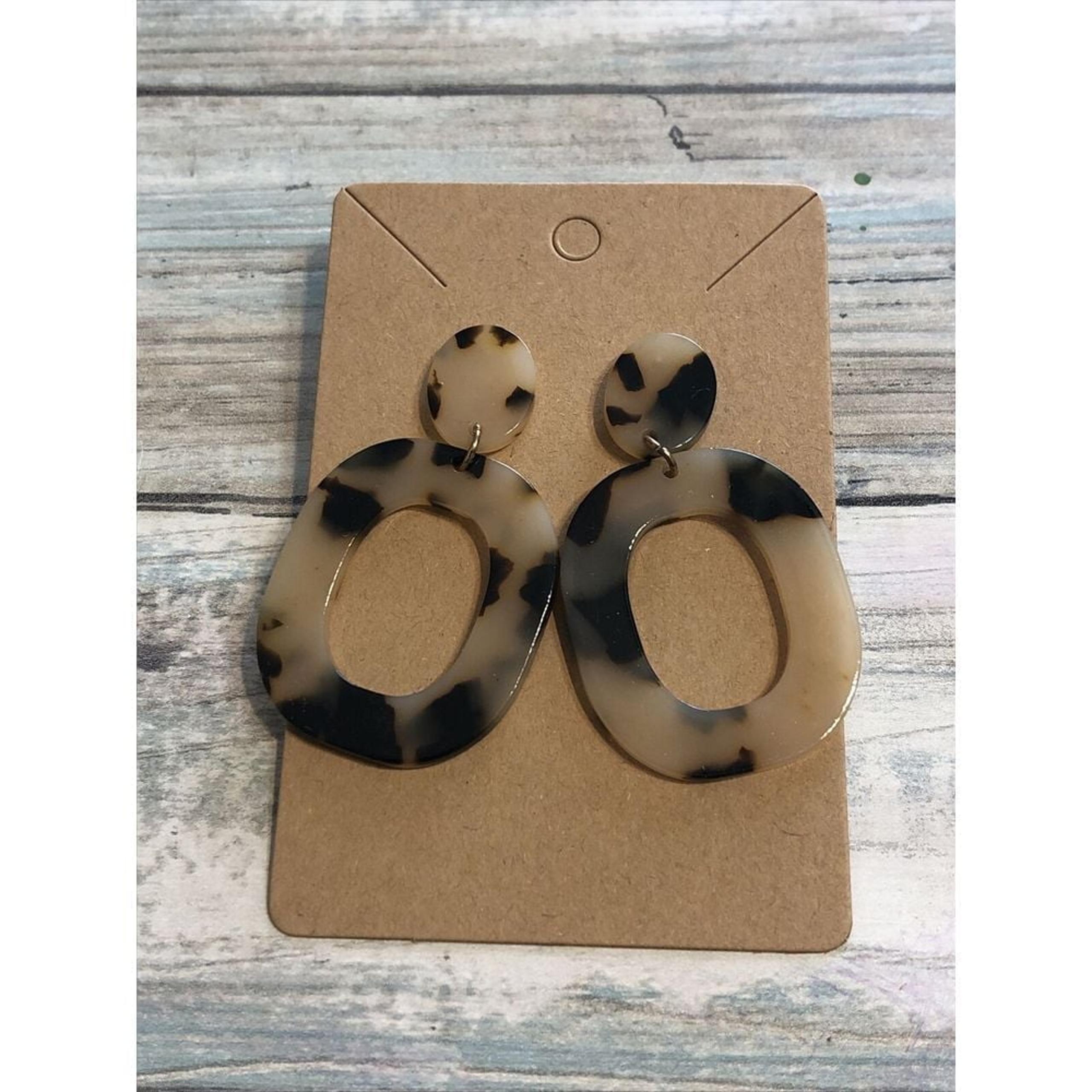 Tortoise Shell Oblong Acrylic Earrings Drop Dangle Brown  Beige