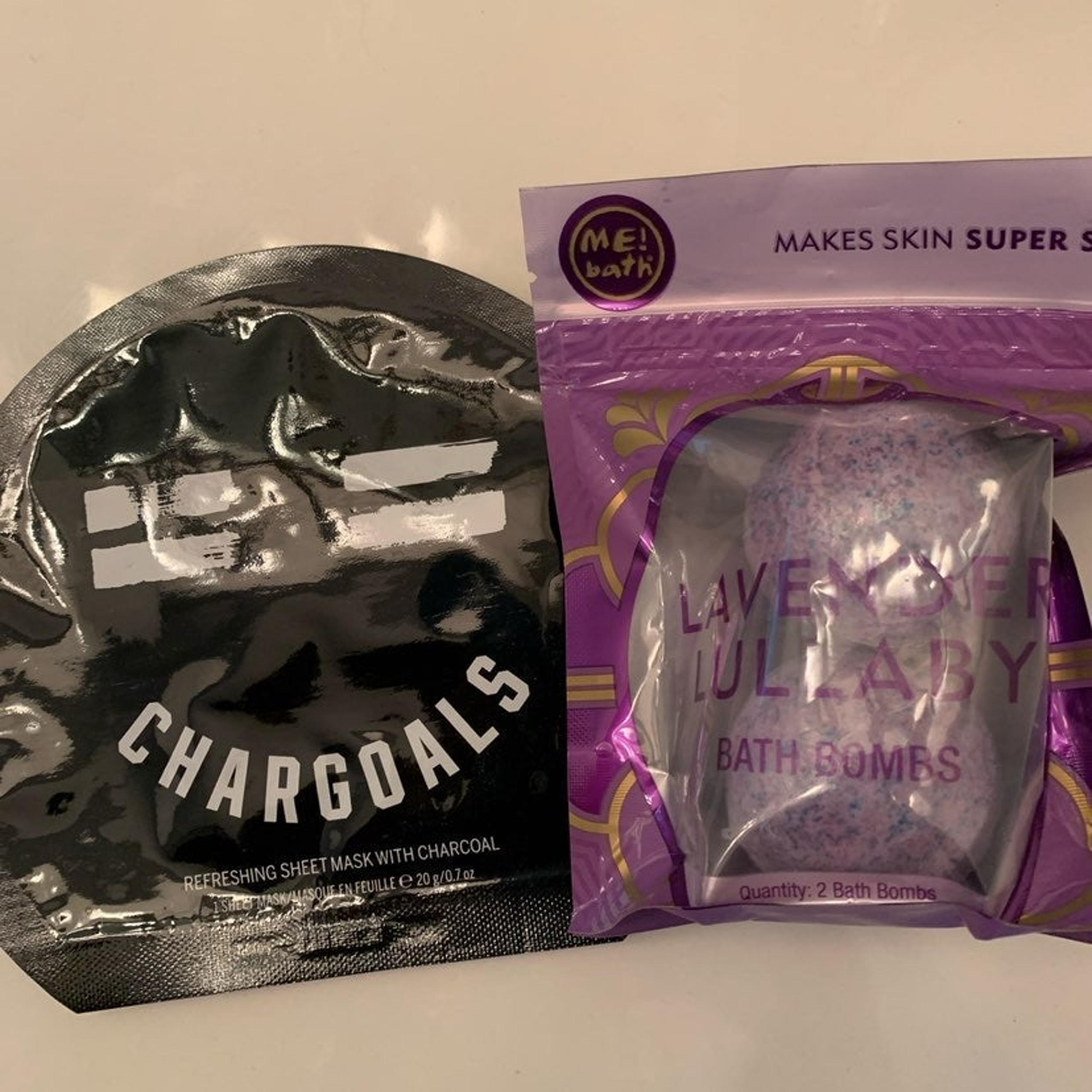 small bath boms and a charcoal face mask