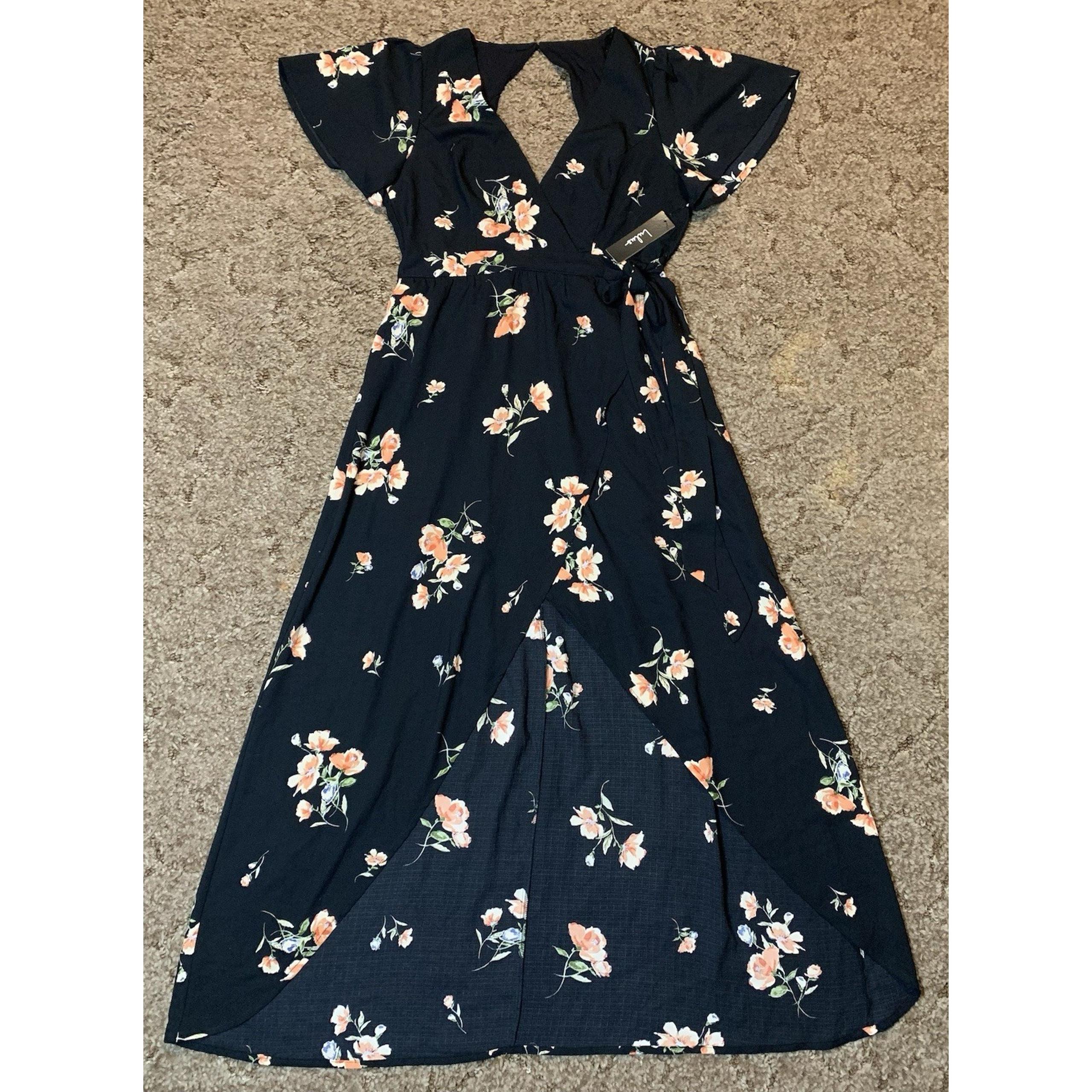 Lulus Dress Womens Large Treasured Love Black Floral Print Faux-Wrap High Low